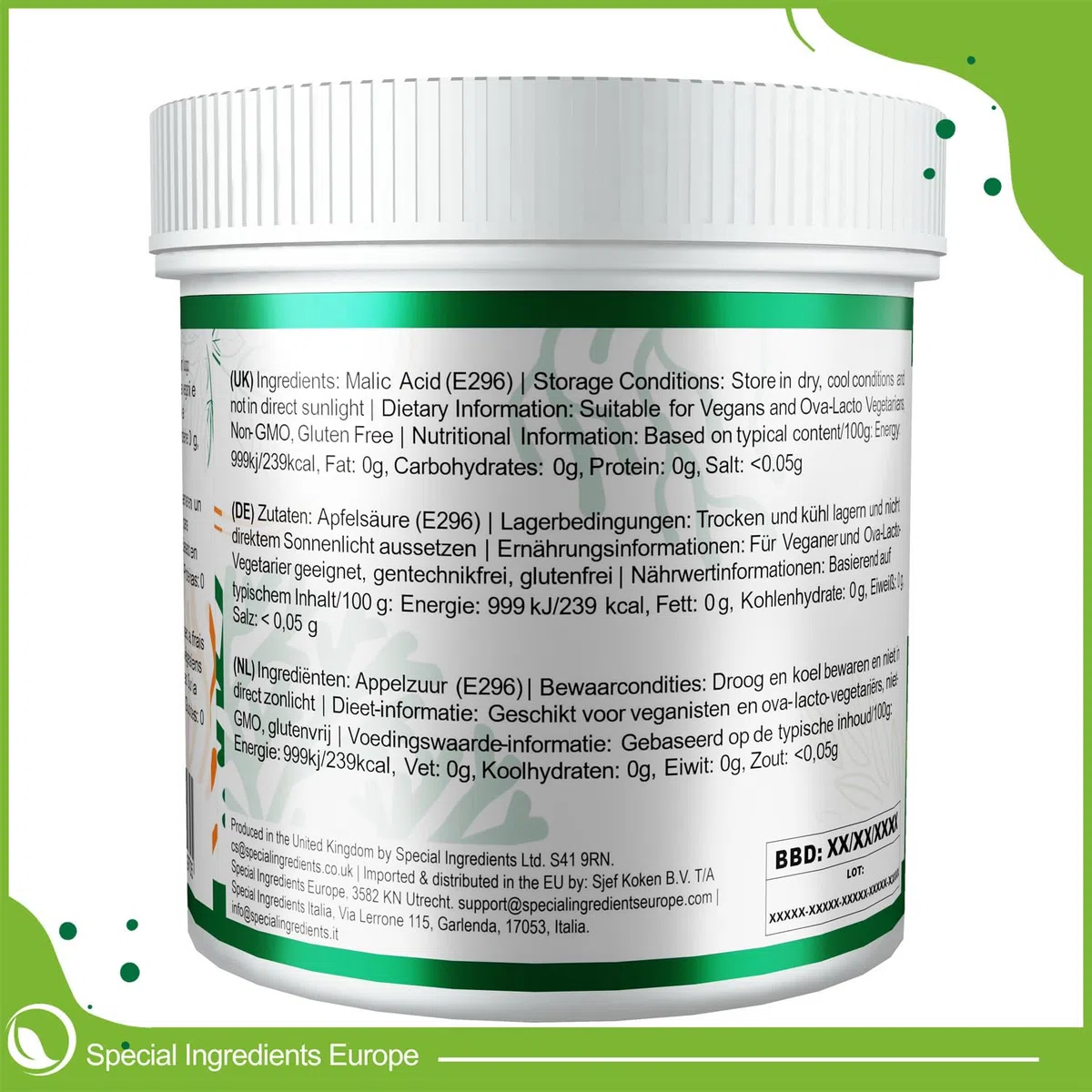 Special Ingredients Acide Malique 500g - Régulateur d’acidité pour la préparation maison de vin, bière & boissons alcoolisées - Qualité supérieure - Emballage recyclable