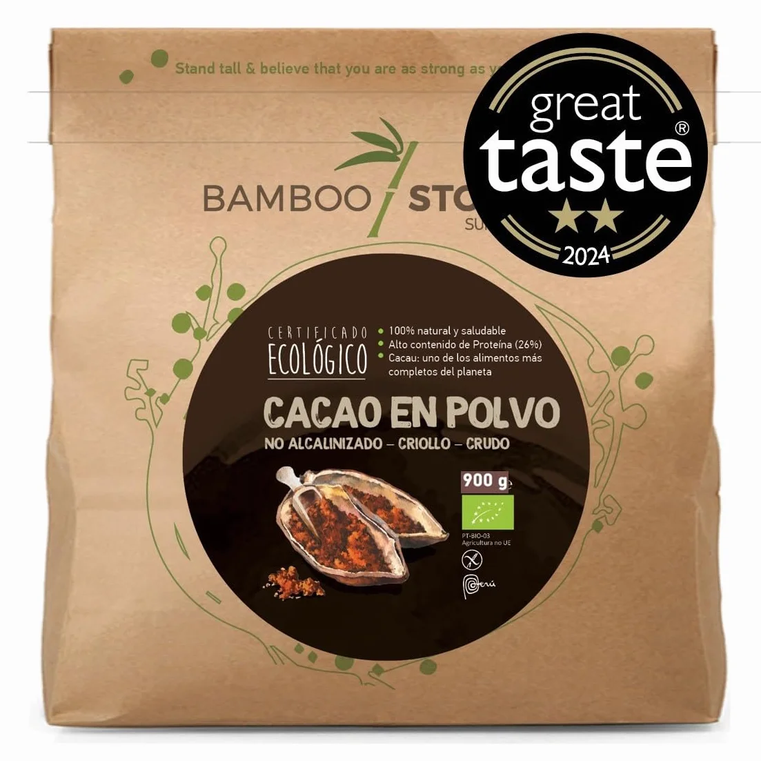 100% CRUE | NOUVEAU | Cacao Poudre | BAMBOO STORY | Biologique | 100% Perou | Criollo Premium | Great Taste Award | Non Alcalinisé | 900 g | Pur | Sans Sucre | Matières grasses 18%