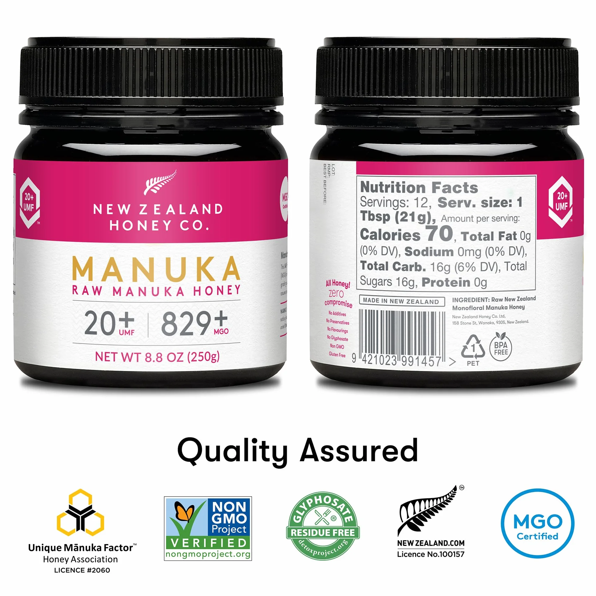 Miel de Manuka MGO 829+ / UMF 20+ de New Zealand Honey Co. | Actif et brut | Fabriqué en Nouvelle-Zélande | 250g