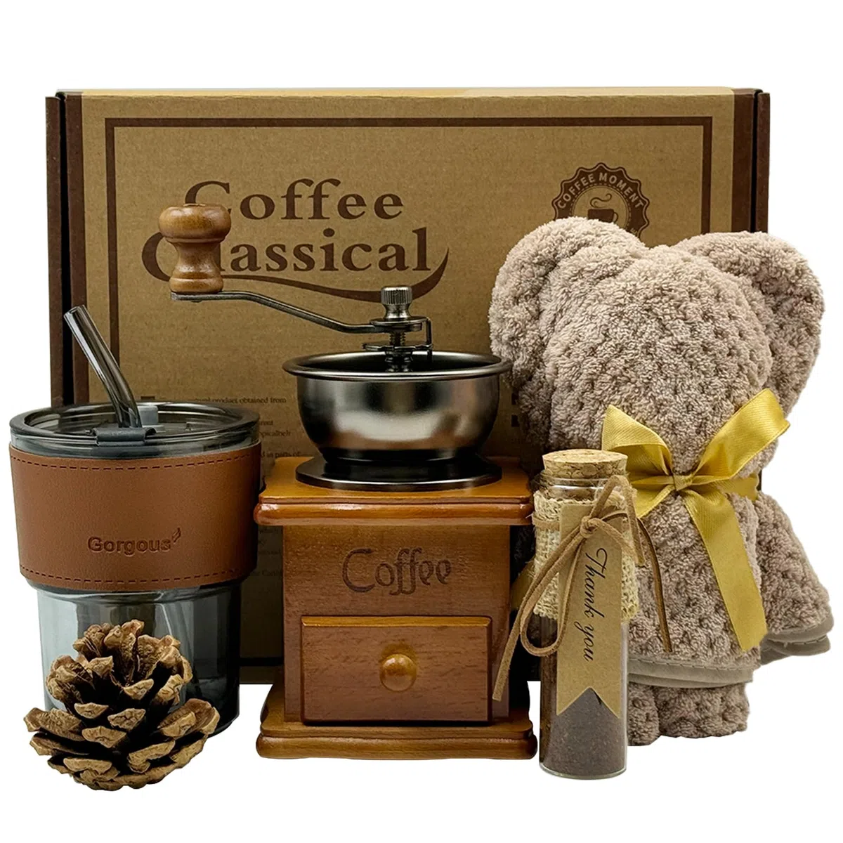 Kit de café français boîte cadeau, tasse, moulins, boîte ancienne, cadeau pour amateurs de café (marron)