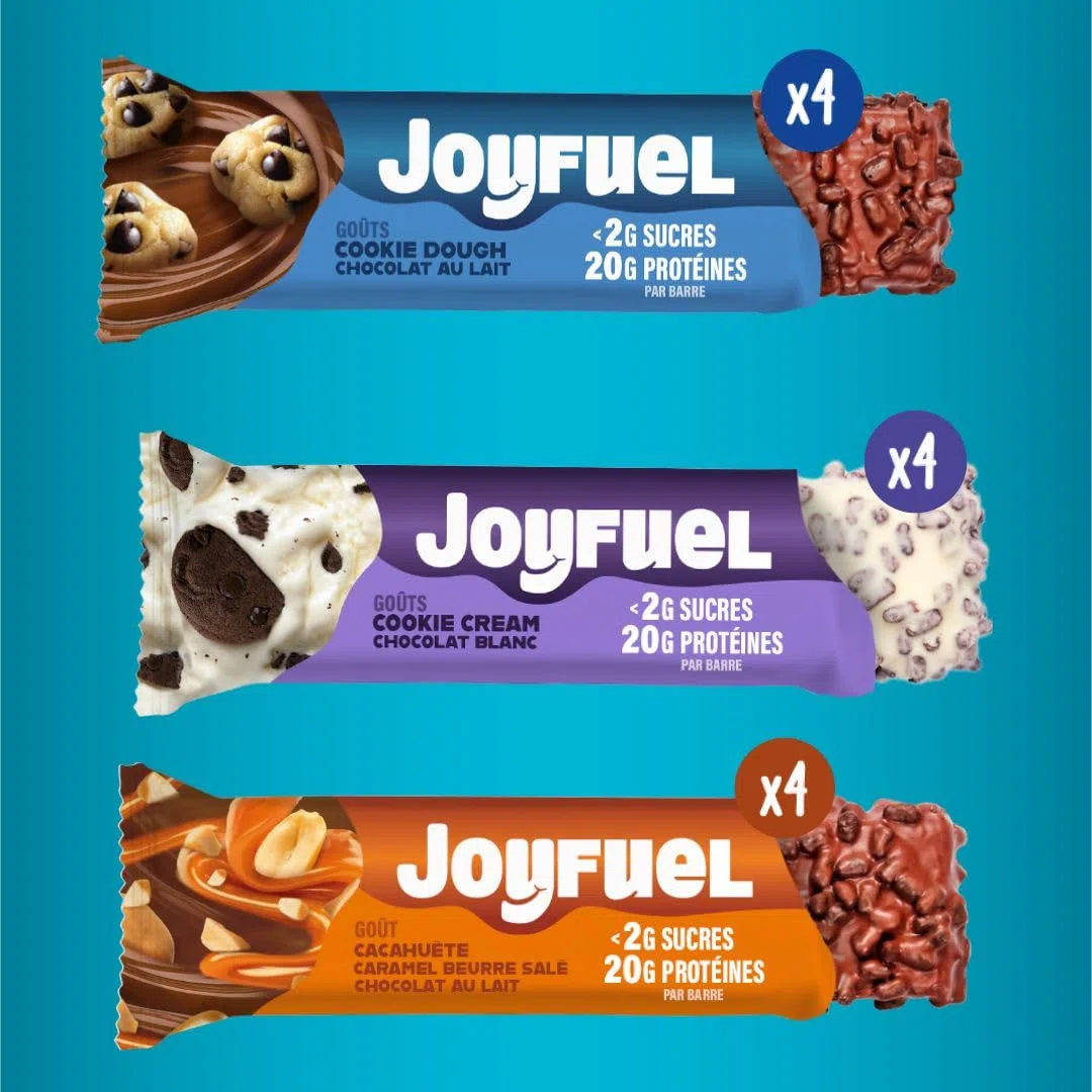JOYFUEL Coffret panachée de 12 Barres Protéinées de 55gr -Goûts Chocolat au Lait & Cookie Dough- Chocolat Blanc & Cookie & Cream- Chocolat & Cacahuètes & Caramel - <2g de sucre - 20g de protéines -
