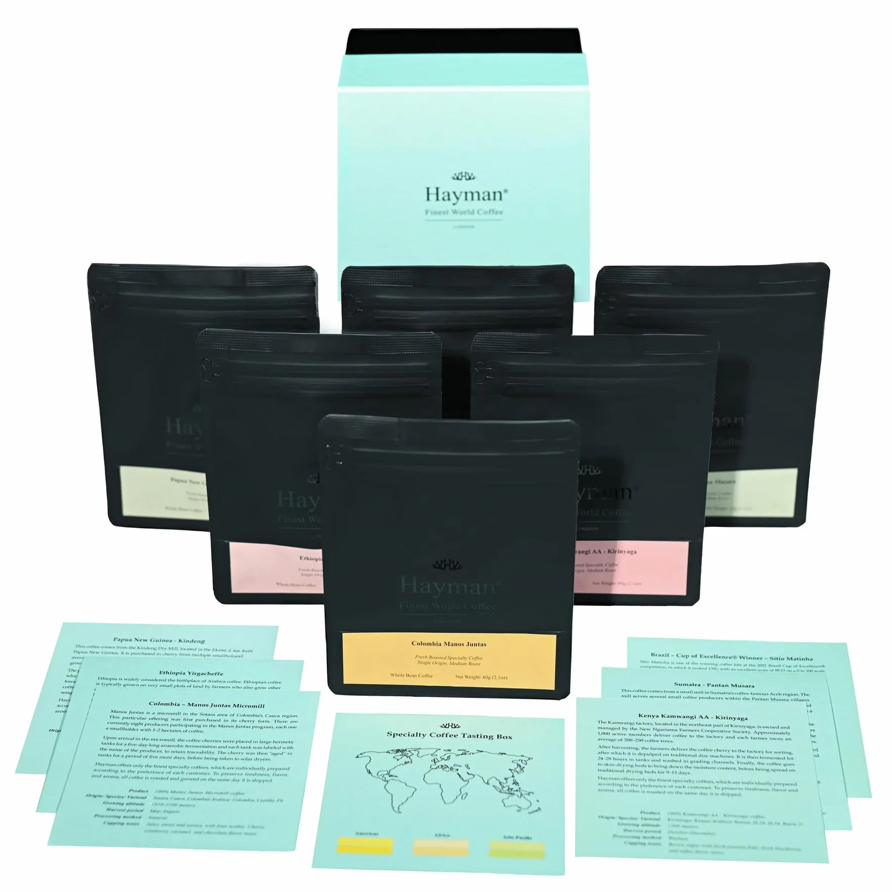 Hayman, Coffret Dégustation de Cafés de Spécialité, Cadeau de 6 Cafés Gourmet, Échantillon de Variétés, Assortiment Connaisseurs, En Grains, Torréfaction Moyenne, 6 Sacs de 60g Chacun (360g Total)