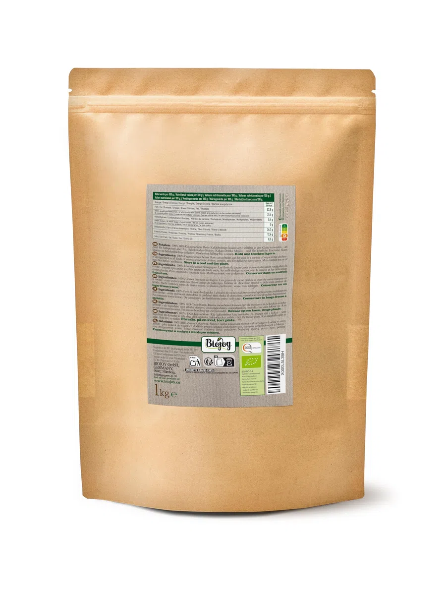 Biojoy Fèves de Cacao BIO (1 kg), crues et entières, sans sucre ajouté (Theobroma cacao)
