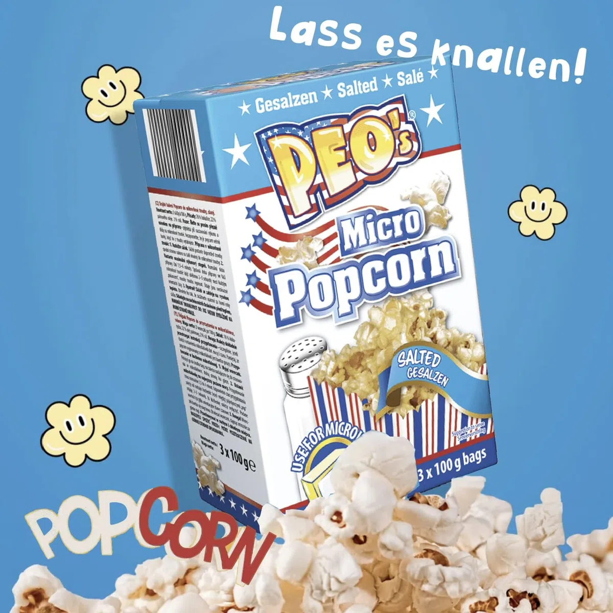 Peo's Lot de 72 boîtes de pop-corn au micro-ondes salé/salé - 24 boîtes de 100 g de contenu - Bonbons au maïs pop-corn pour le carnaval, les fêtes, les snacks au cinéma, etc