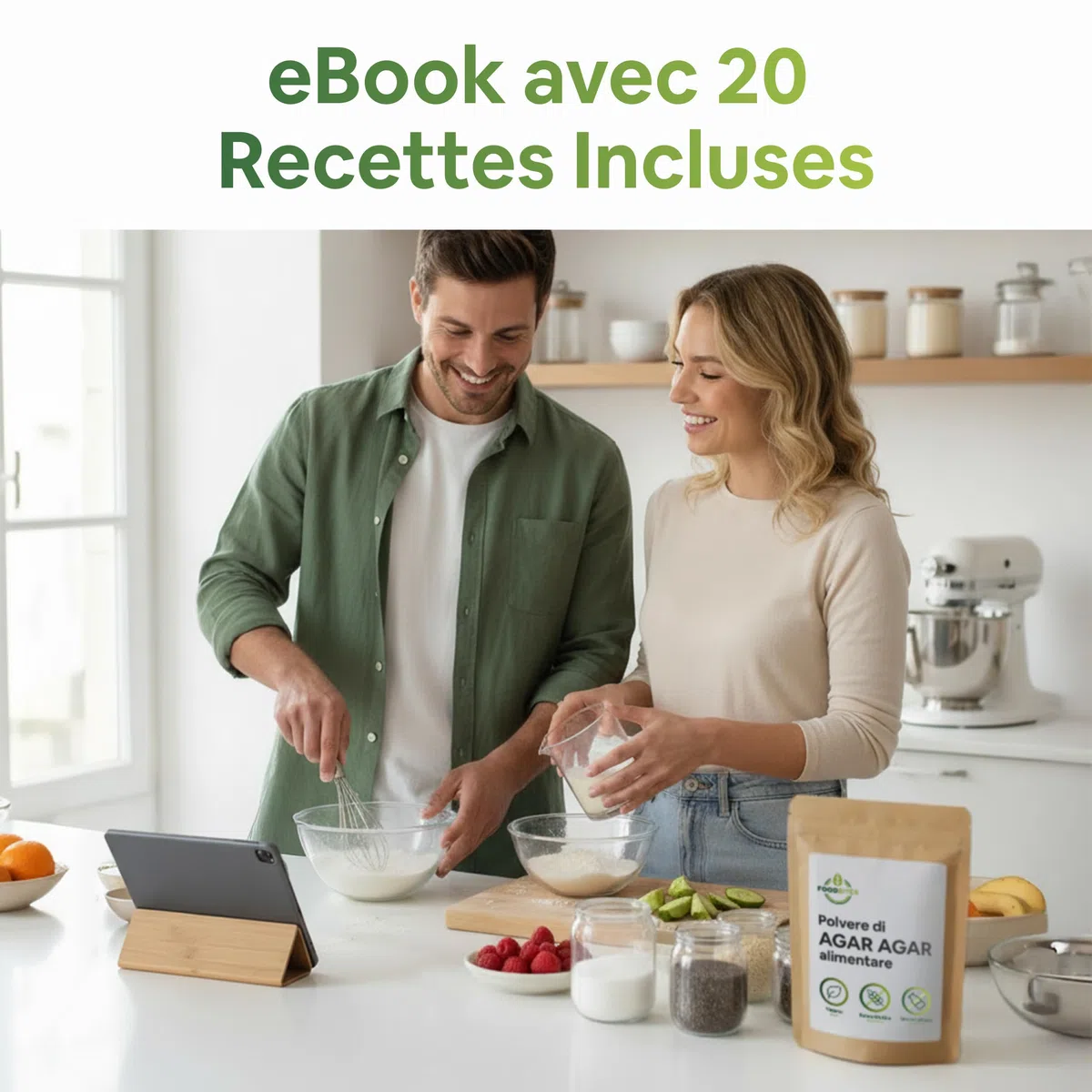 Food Bites Agar Agar Poudre Alimentaire 1 Kg - Gélatine en Poudre Épaississant pour Desserts, Cuisine Moléculaire & Mixologie - Gelatine Vegetale 100% Pure - eBook OFFERT 20 Recettes