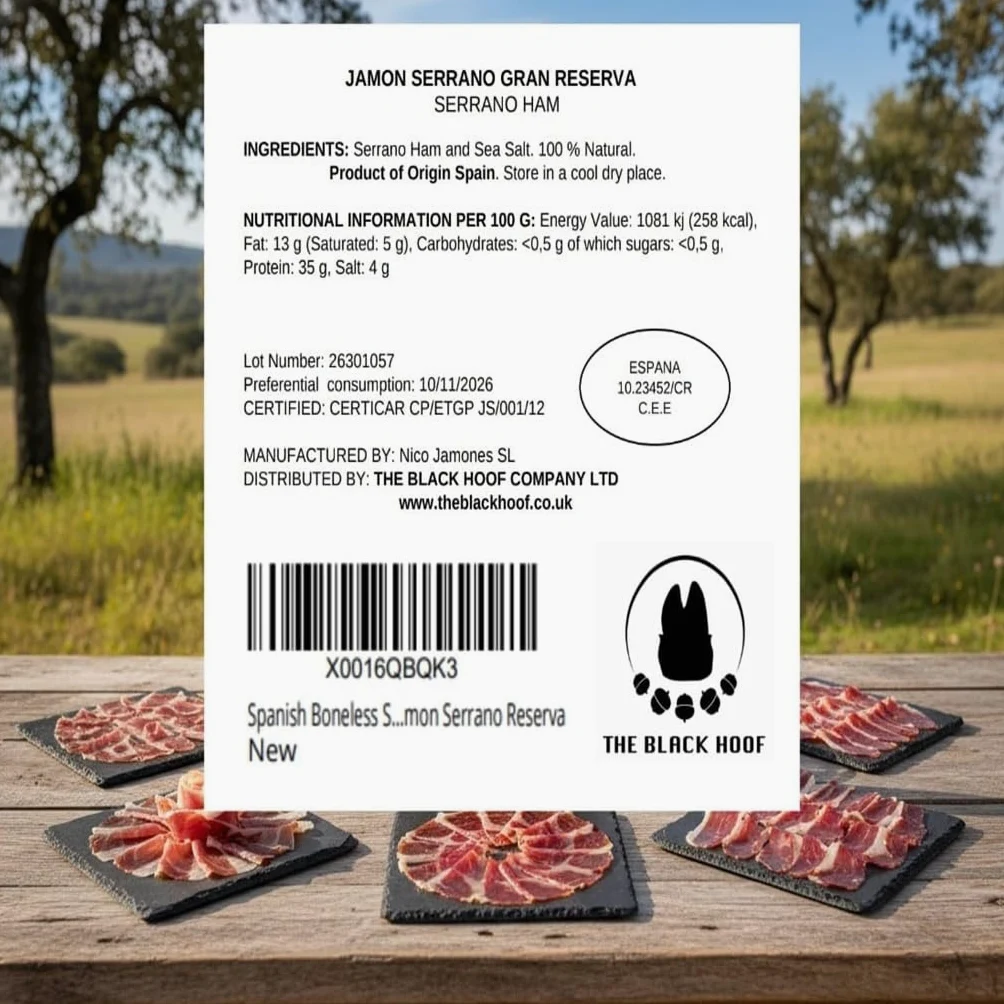 Jambon Serrano Gran Reserva Espagnol Entier avec Os 6,5–7,5 kg | Affiné 15+ mois | Jamón Serrano avec os | Sans additifs | Certifié UE (ETG) | Produit d’Espagne par The Black Hoof