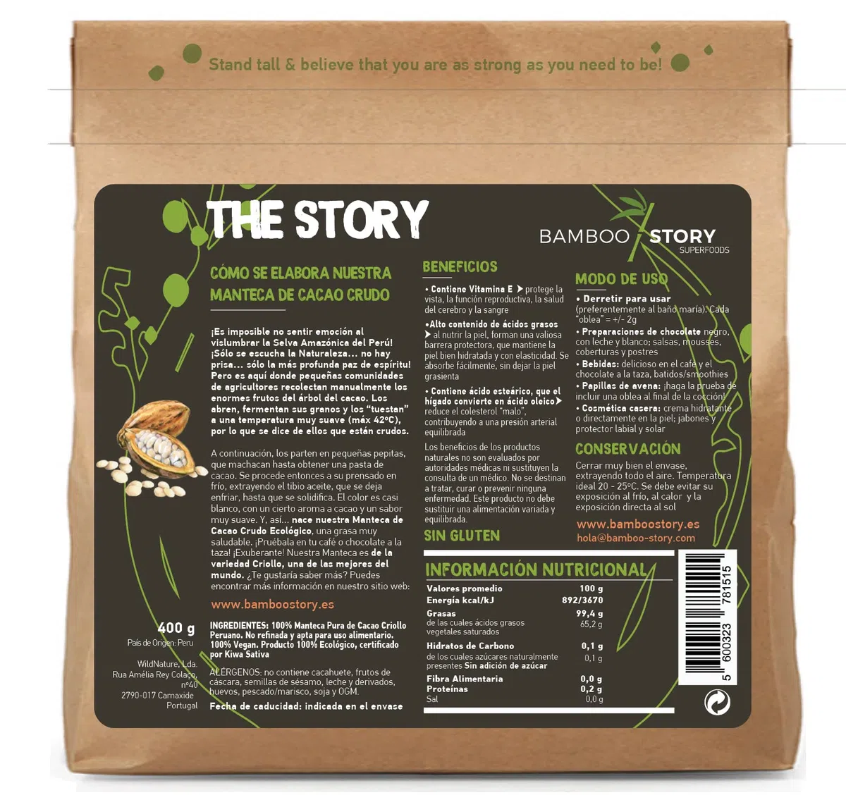 Bio | BAMBOO STORY | Beurre de Cacao | Pérou | Pressé à Froid | CRIOLLO | 400g