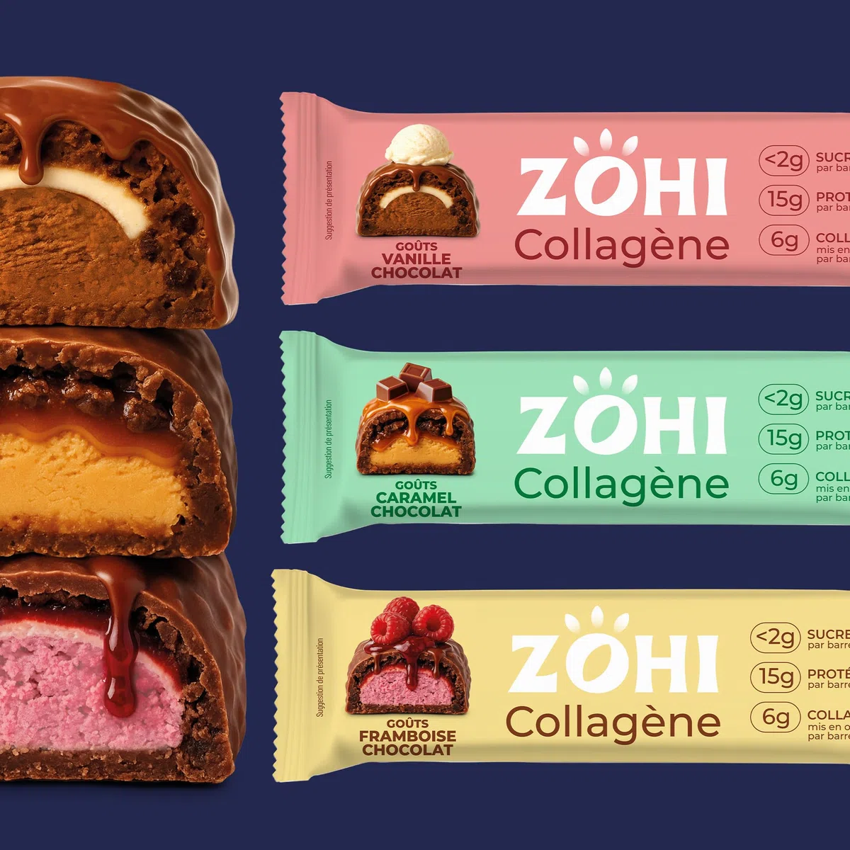 ZOHI - Barre avec Collagène saveur Chocolat et Framboise - Riche en Protéines et Moins de 2g de Sucres - Enrobée de Chocolat au Lait et Billettes Croustillantes - 50g (Pack de 12)