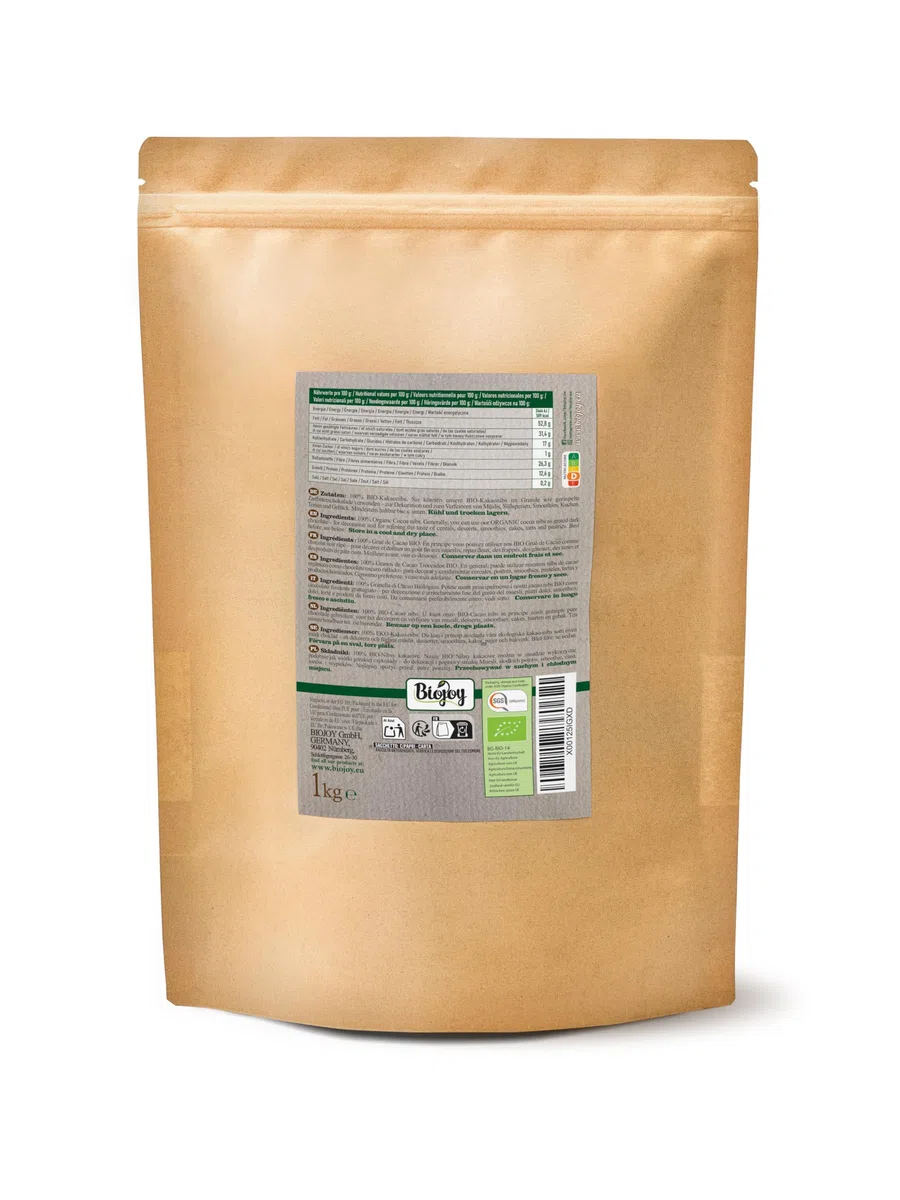 Biojoy Grué de Cacao BIO (1 kg), crus et sans sucre ajouté, Cacao nibs (Theobroma cacao)