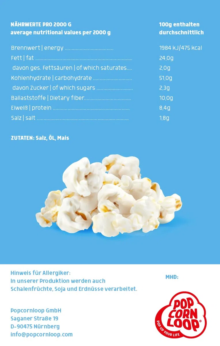 Popcornloop Sac de Popcorn Salé incluant 35 sachets de pop-corn gratuits Offerts Frais et Prêt à consommer pour Fêtes Événements Manifestations Festivals (Salé, 1,4)