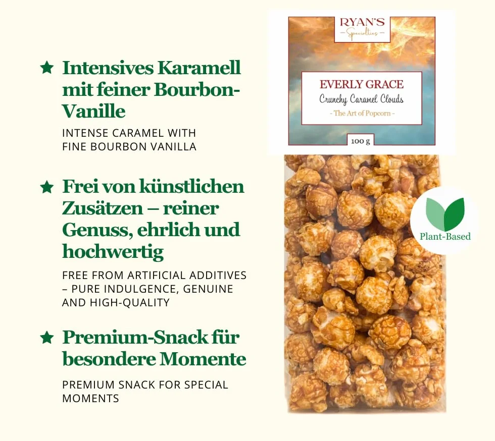 Everly Grace Popcorn – Crunchy Caramel Clouds, 600 g – Seau de popcorn au caramel sucré et vanille bourbon, fait main en Allemagne