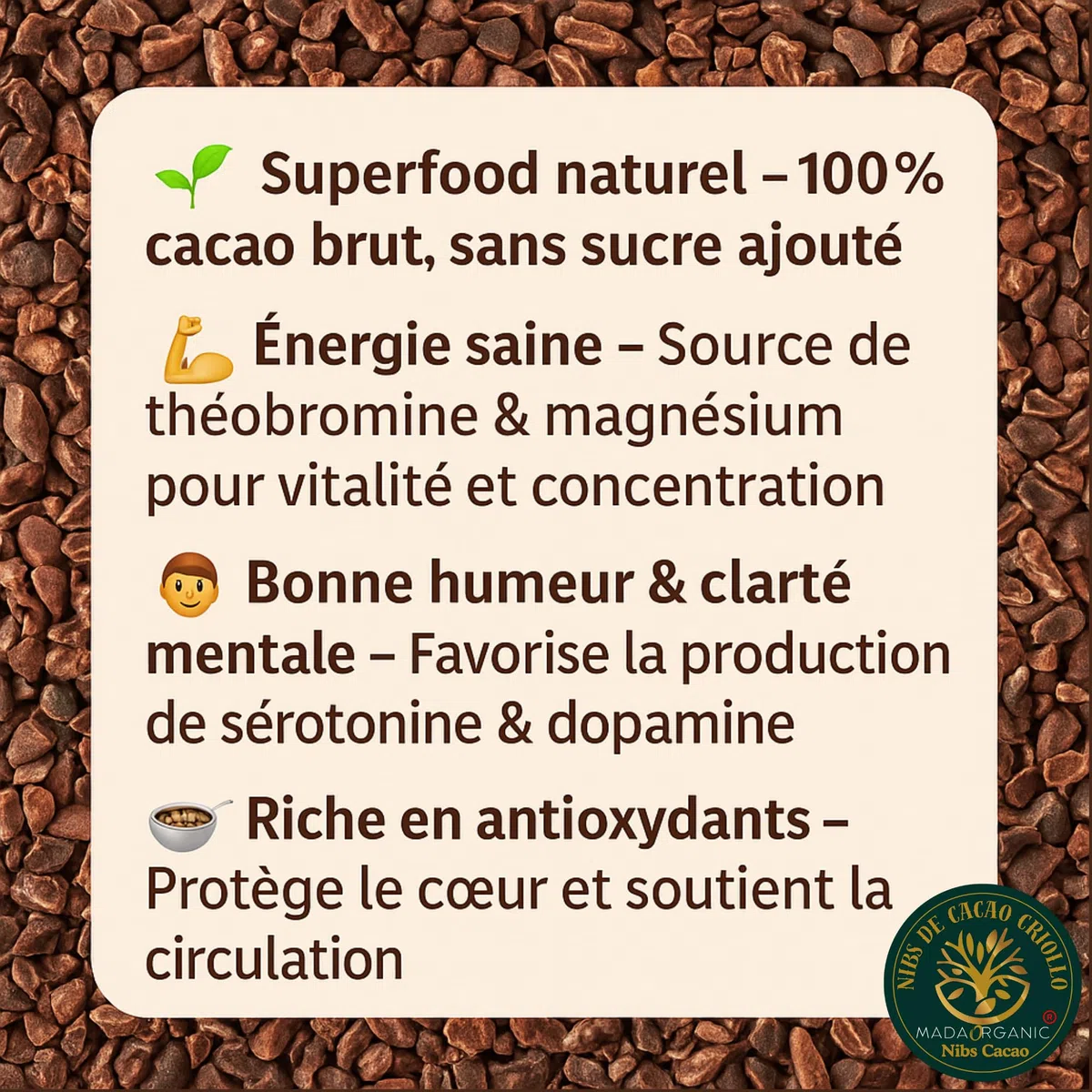 1 Kg - Raw Cacao Nibs Criollo – Grué de Cacao 100% Pur - Riche en Fer & Magnésium – Superfood de Madagascar – Direct de notre Coopérative Solidaire