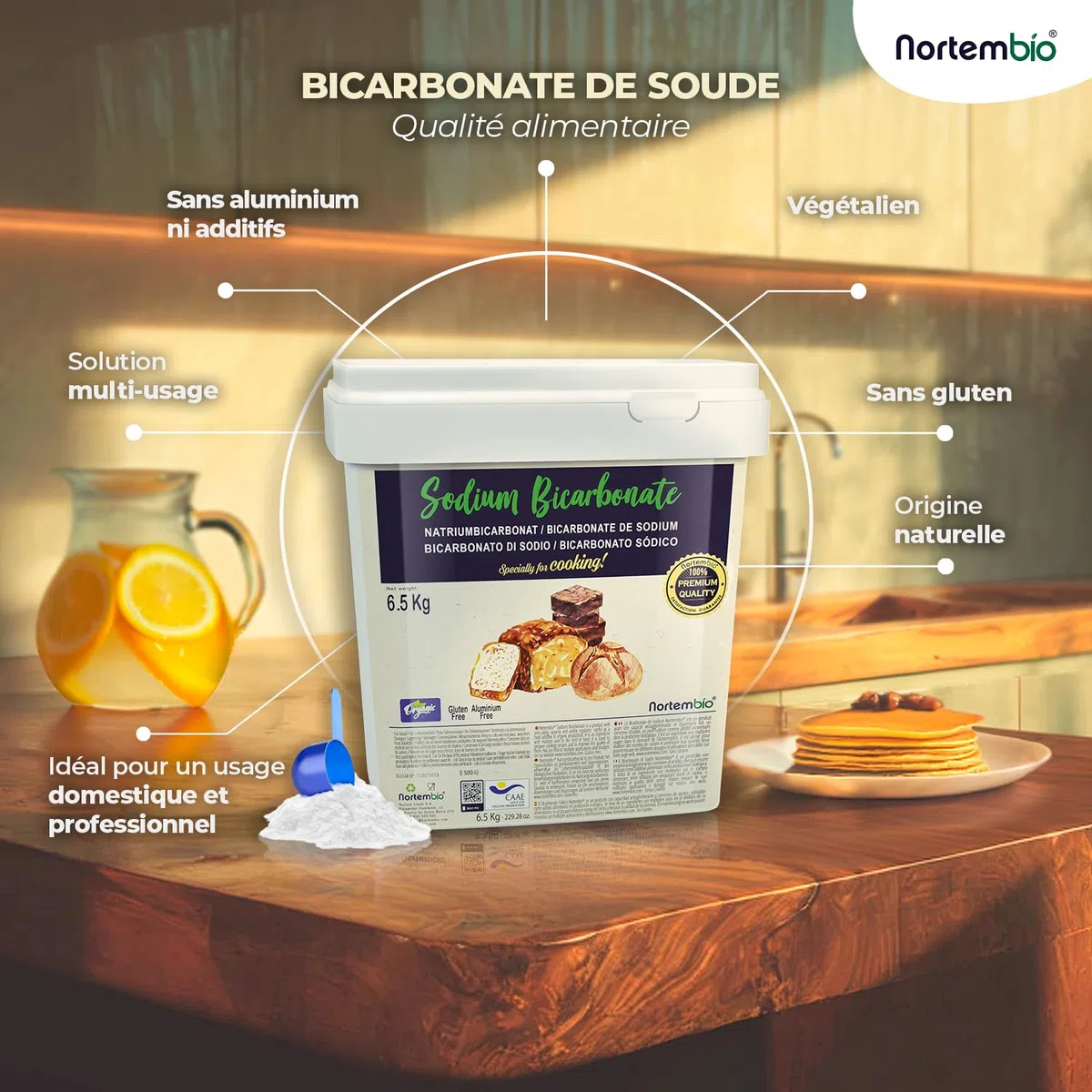 Nortembio Bicarbonate de Sodium E500(ii) 6,5 kg Additif Alimentaire pour Cuisine et Pâtisserie, Qualité Gourmet, Haute Pureté 100% Naturelle + eBook OFFERT