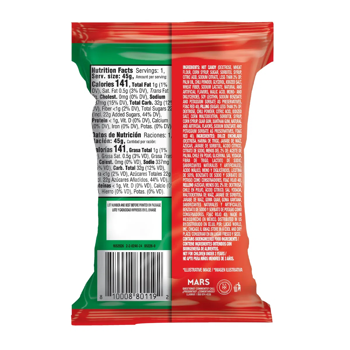 Lucas Skwinkles Candy Chunk Pastèque aromatisé avec garniture au tamarin 45,4 g, lot de 6