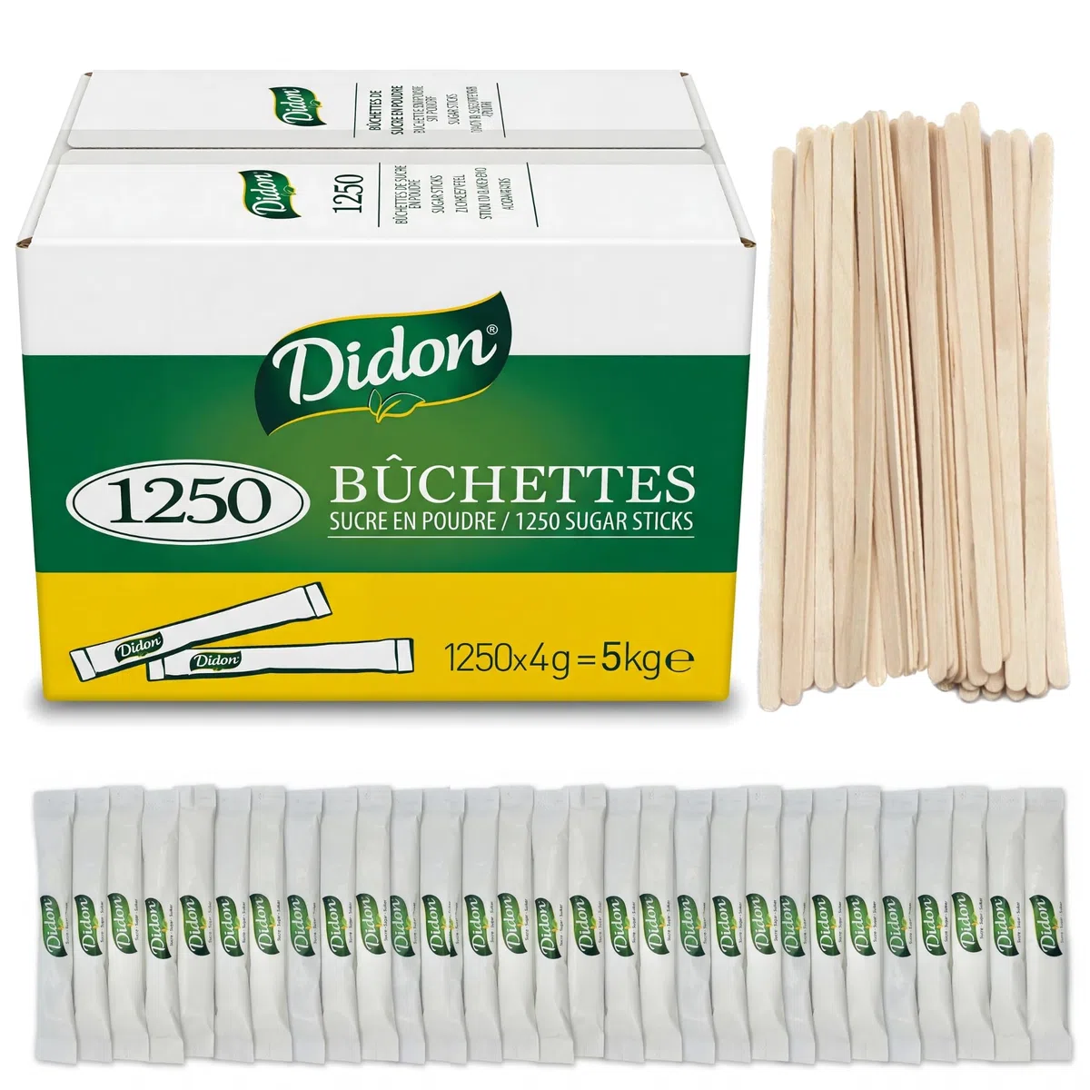 DIDON Sucre 5 KG – Lot de 1250 sachets Bûchettes de Sucre Individuels de 4g avec un lot d'agitateurs en bois - Pour les Boissons Chaudes, Cafés et Thés