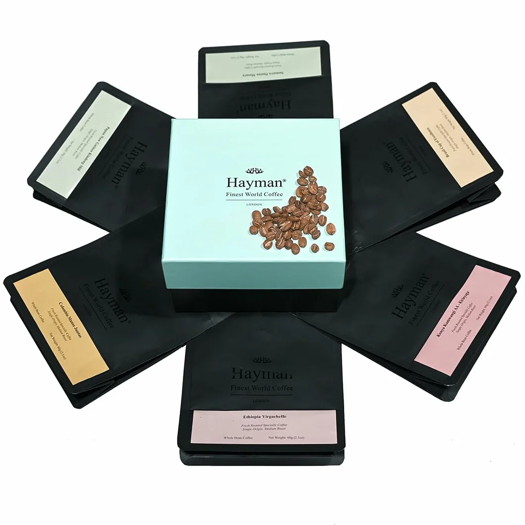 Hayman, Coffret Dégustation de Cafés de Spécialité, Cadeau de 6 Cafés Gourmet, Échantillon de Variétés, Assortiment Connaisseurs, En Grains, Torréfaction Moyenne, 6 Sacs de 60g Chacun (360g Total)