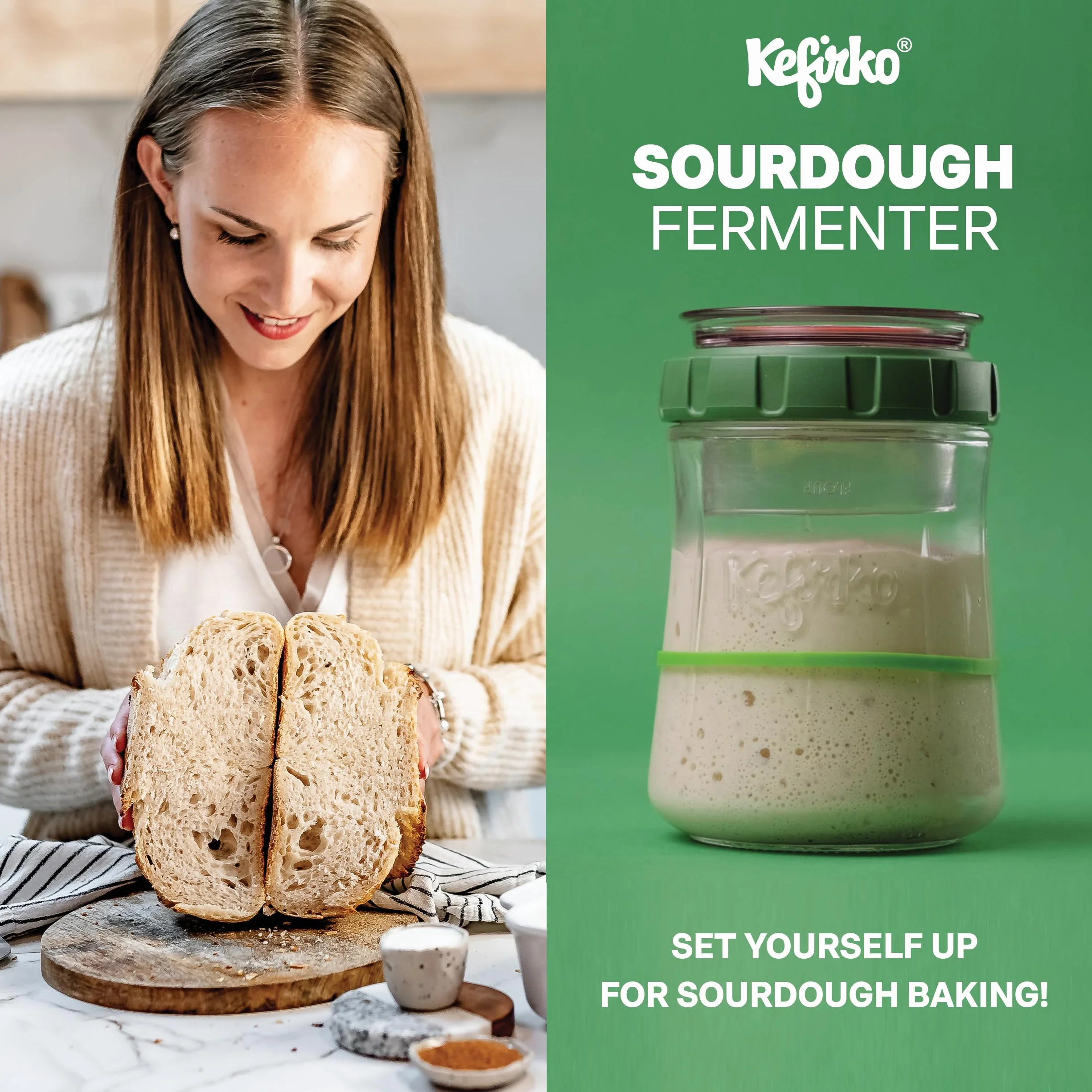 Kefirko Kit de démarrage au levain : fermenteur, bocal en verre, cuillère à mesurer, horloge de fermentation et livre d'instructions (Vert)