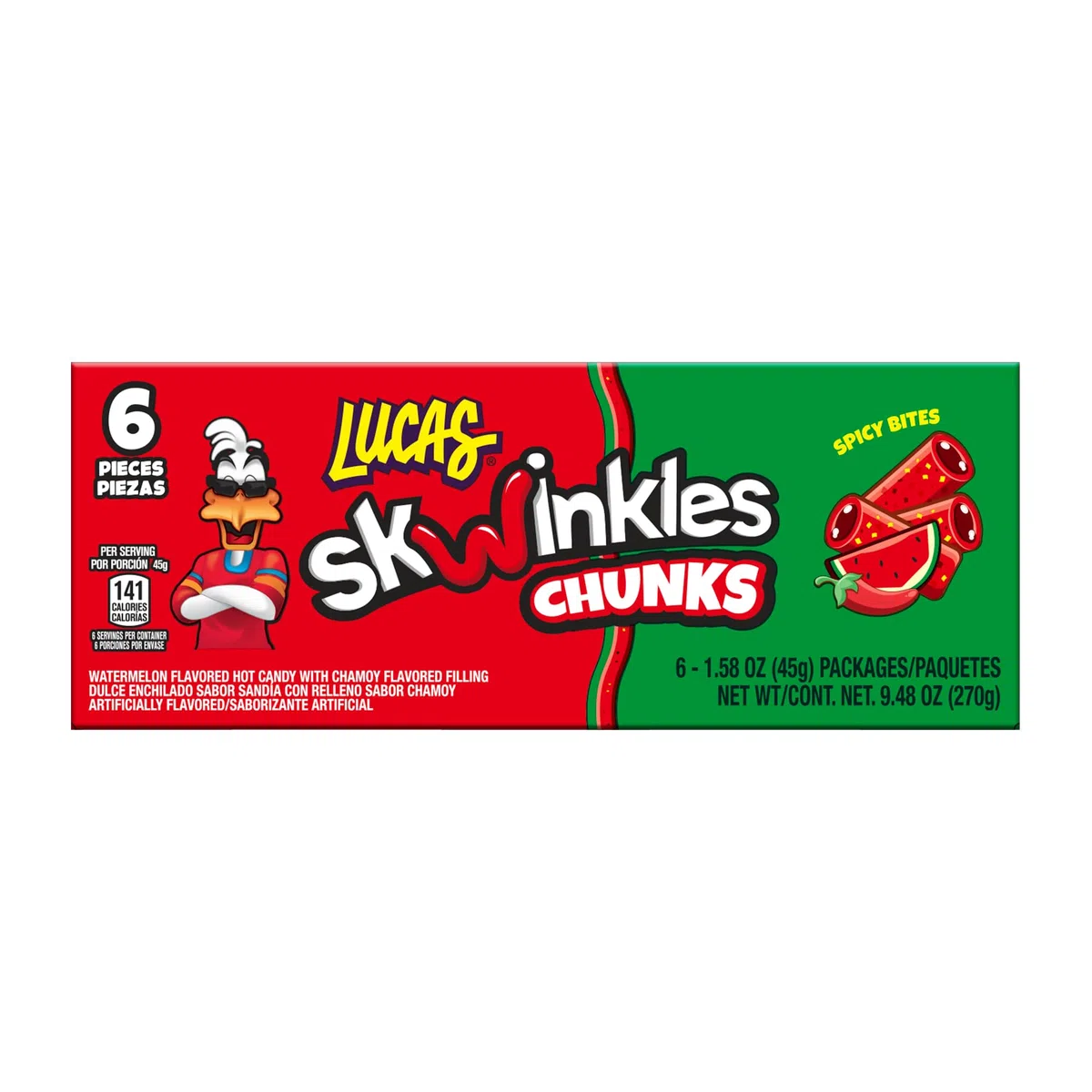 Lucas Skwinkles Candy Chunk Pastèque aromatisé avec garniture au tamarin 45,4 g, lot de 6