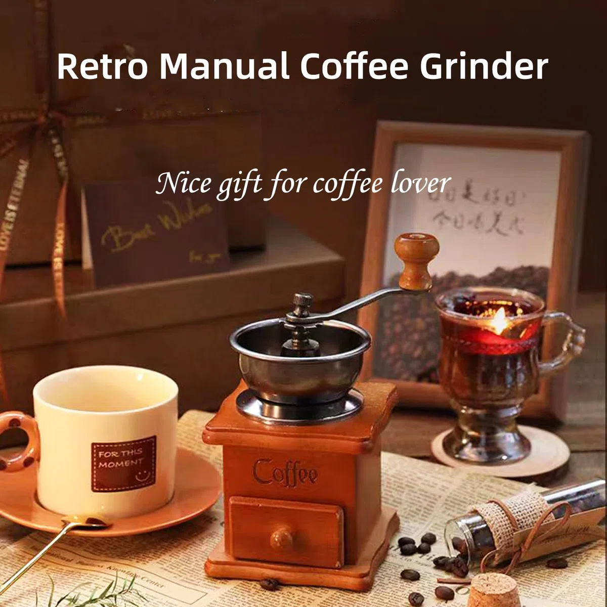 Kit de café français boîte cadeau, tasse, moulins, boîte ancienne, cadeau pour amateurs de café (marron)