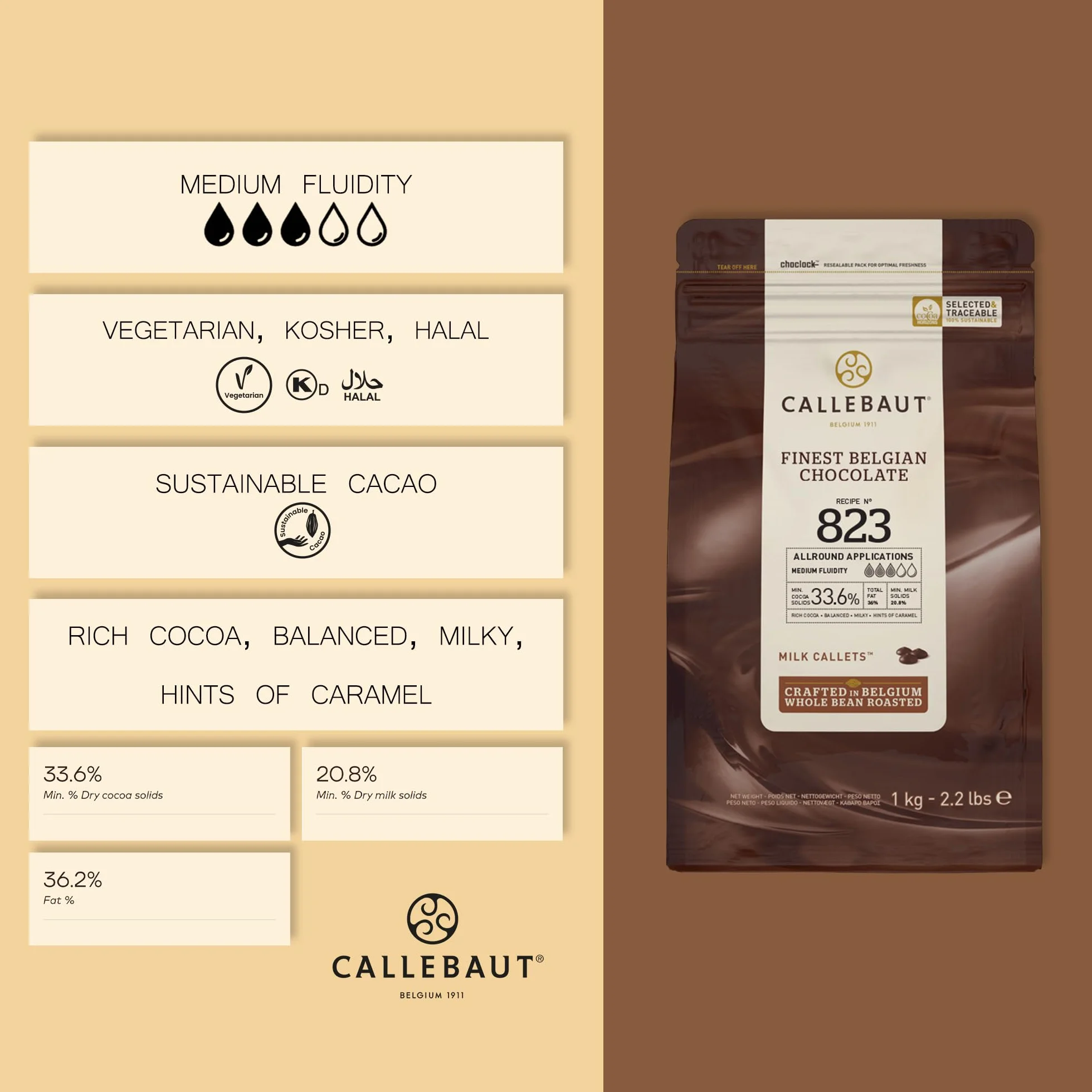 Callebaut 33,6% pépites de Chocolat au Lait (callets) Lot de 3 x 1kg