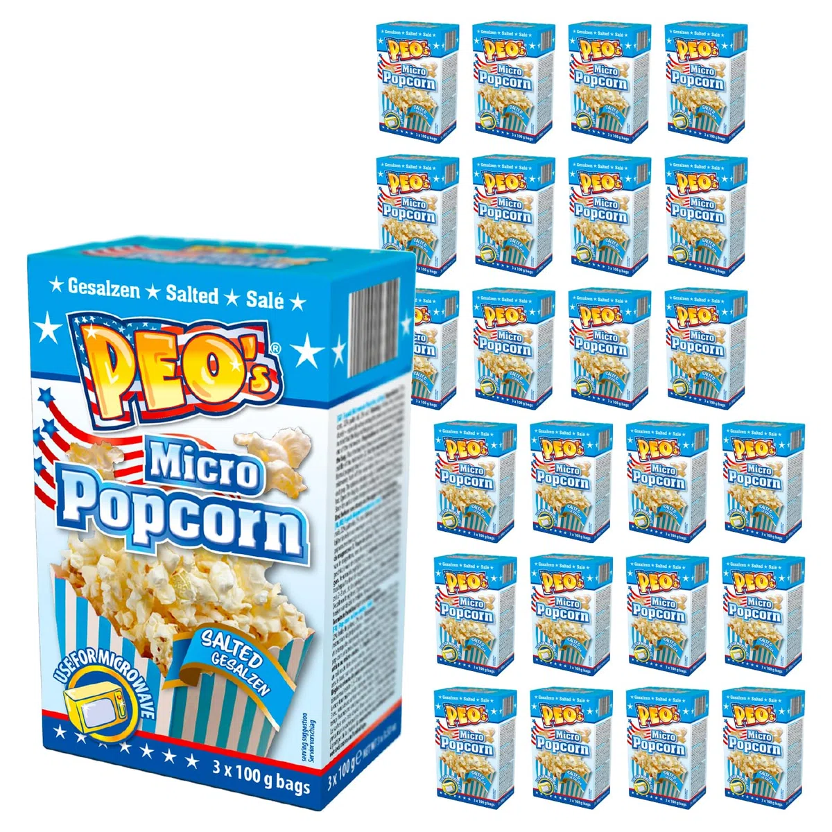 Peo's Lot de 72 boîtes de pop-corn au micro-ondes salé/salé - 24 boîtes de 100 g de contenu - Bonbons au maïs pop-corn pour le carnaval, les fêtes, les snacks au cinéma, etc