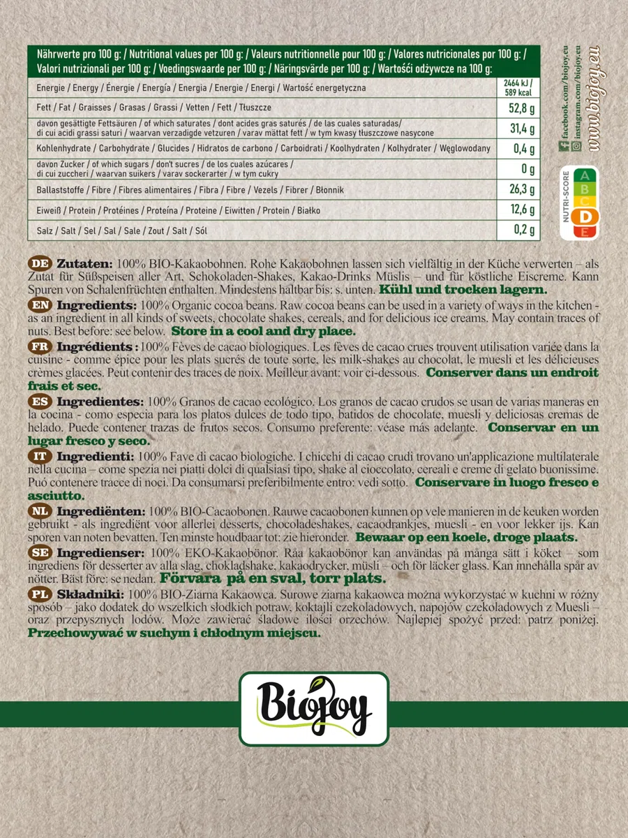 Biojoy Fèves de Cacao BIO (1 kg), crues et entières, sans sucre ajouté (Theobroma cacao)