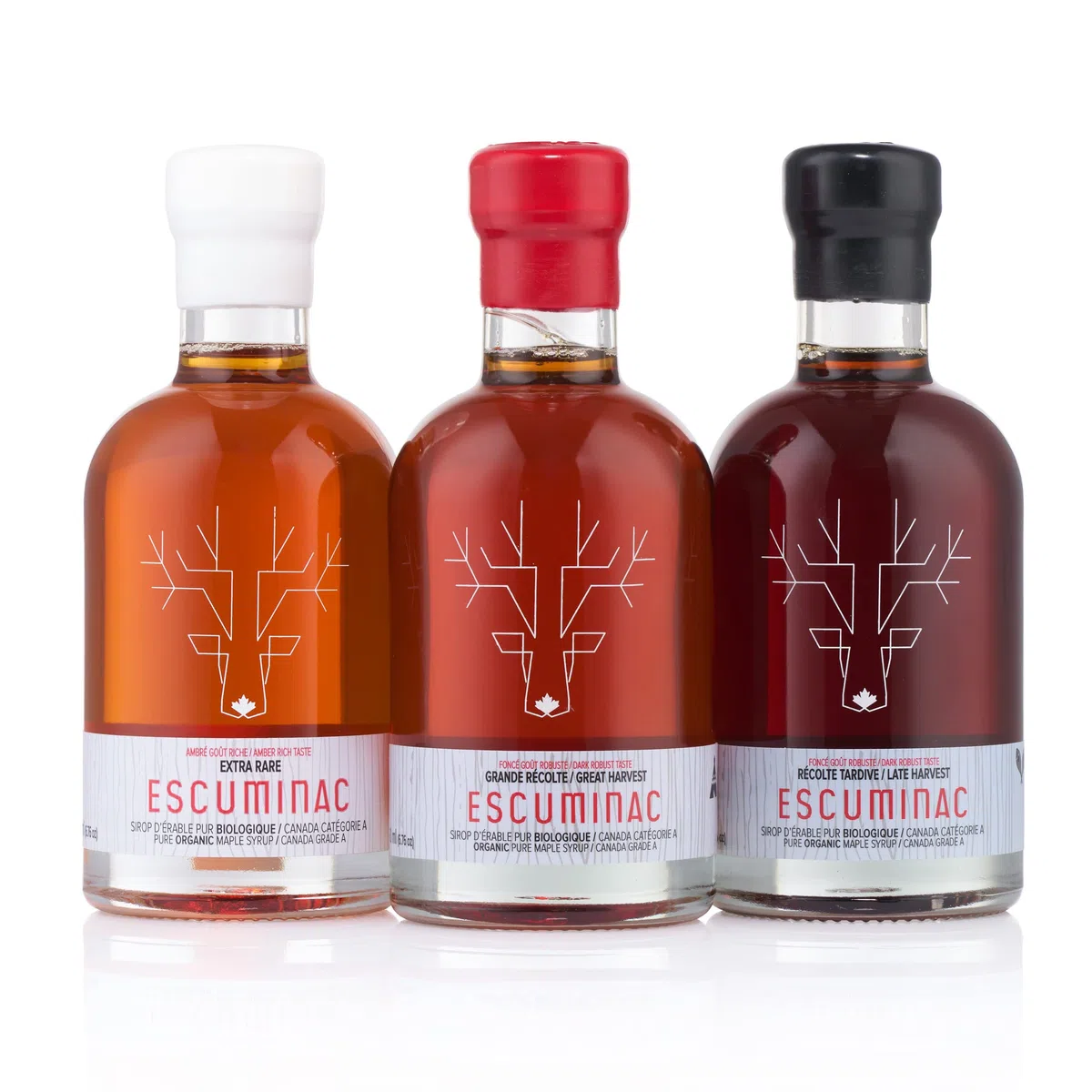 Escuminac Sirop D'érable du Québec - Pur, Embouteillé au domaine, non mélangé. Trio Cadeau - trois différentes récoltes, Ambré, Medium, Robuste. Premium Certifié Biologique - 3 X 200ml
