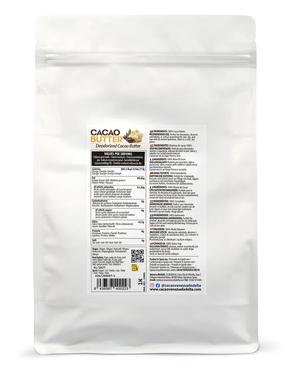 Cacao Venezuela Delta · 100% Kakaobutter · Desodoriert · 1 kg - Extra Qualität