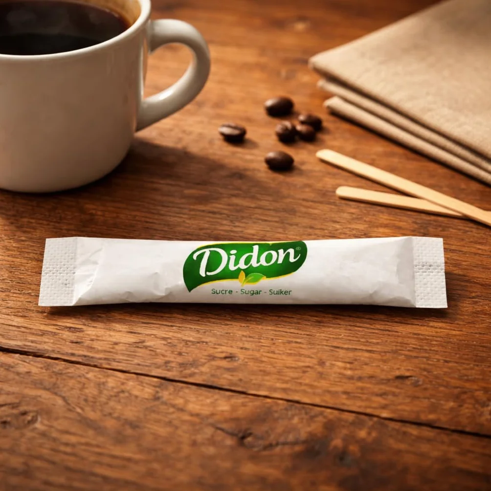 DIDON Sucre 5 KG – Lot de 1250 sachets Bûchettes de Sucre Individuels de 4g avec un lot d'agitateurs en bois - Pour les Boissons Chaudes, Cafés et Thés