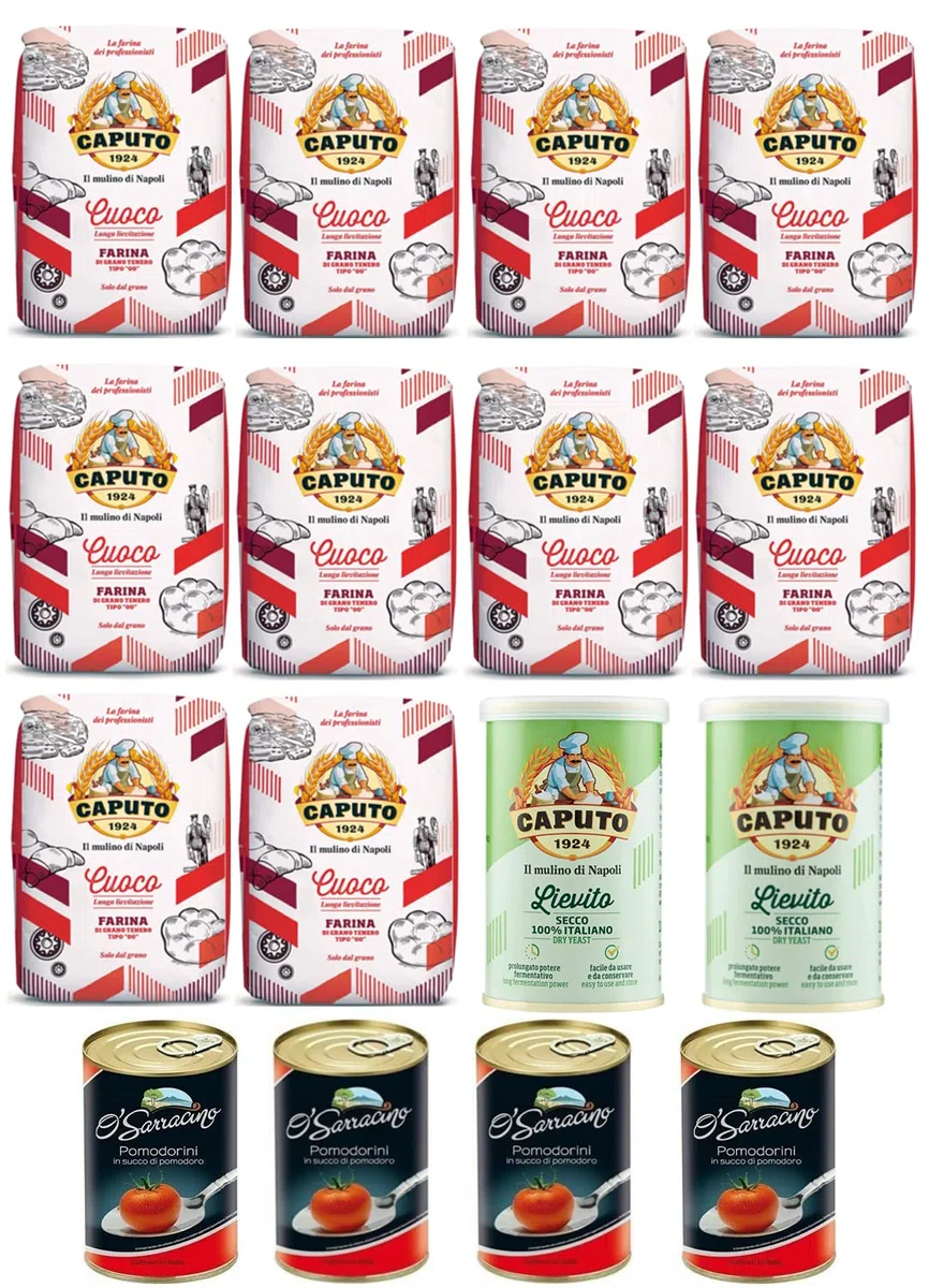 Lot de 10 x Farina Molino Caputo + 2 x levure sèche Caputo + 4 x pomodorini O'Sarracino 400 g