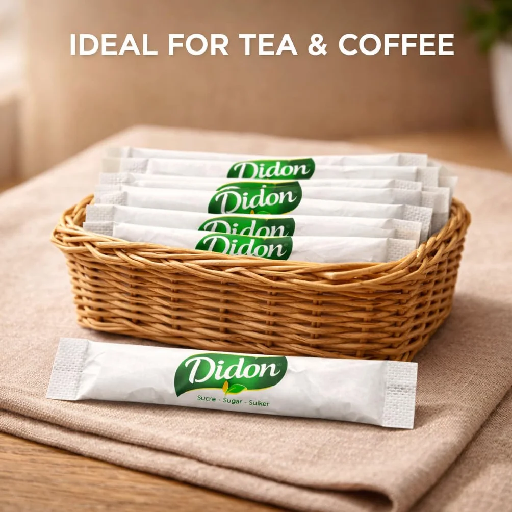 DIDON Sucre 5 KG – Lot de 1250 sachets Bûchettes de Sucre Individuels de 4g avec un lot d'agitateurs en bois - Pour les Boissons Chaudes, Cafés et Thés