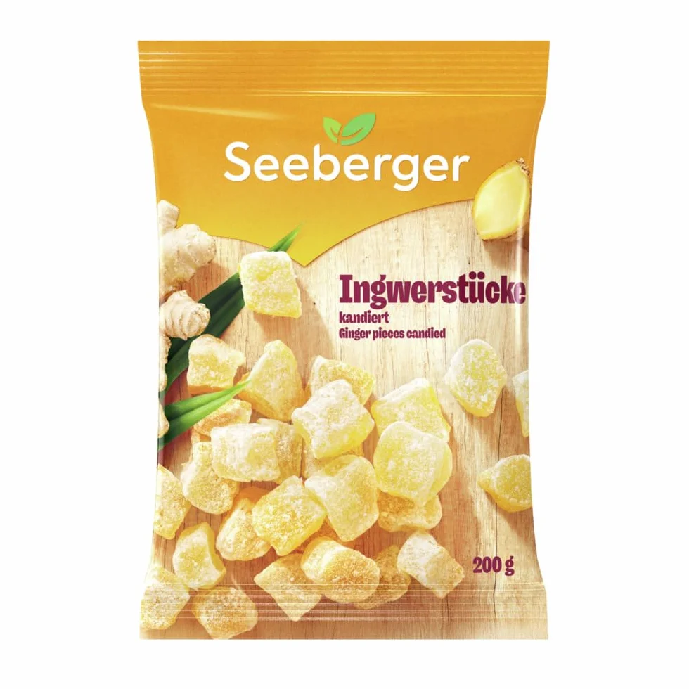 Seeberger Pièces de gingembre confites Lot de 12 : cubes d'herbe épicée de racine de gingembre jaune doré confits sucrés - pour coller, décorer ou comme ingrédient de cuisson - Végétalien (12 x 200 g)