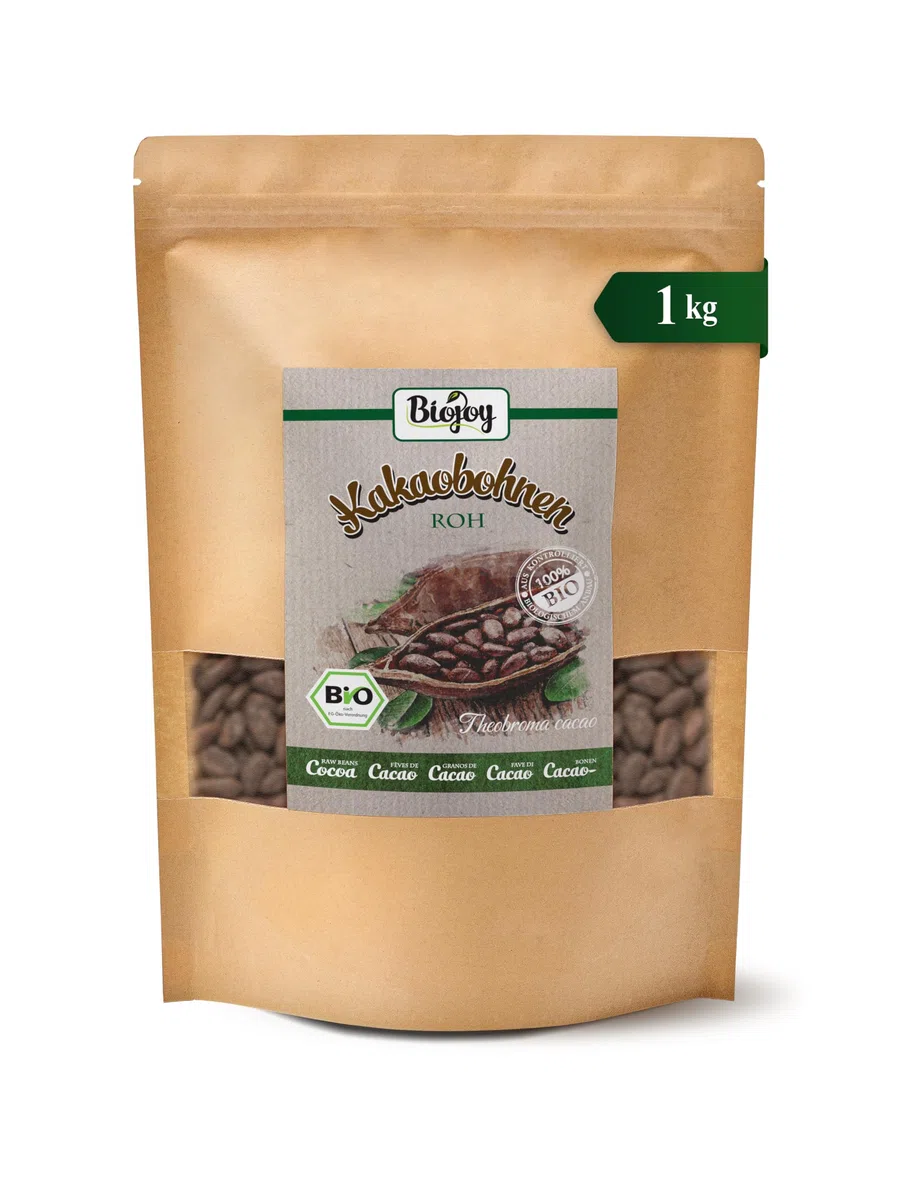 Biojoy Fèves de Cacao BIO (1 kg), crues et entières, sans sucre ajouté (Theobroma cacao)