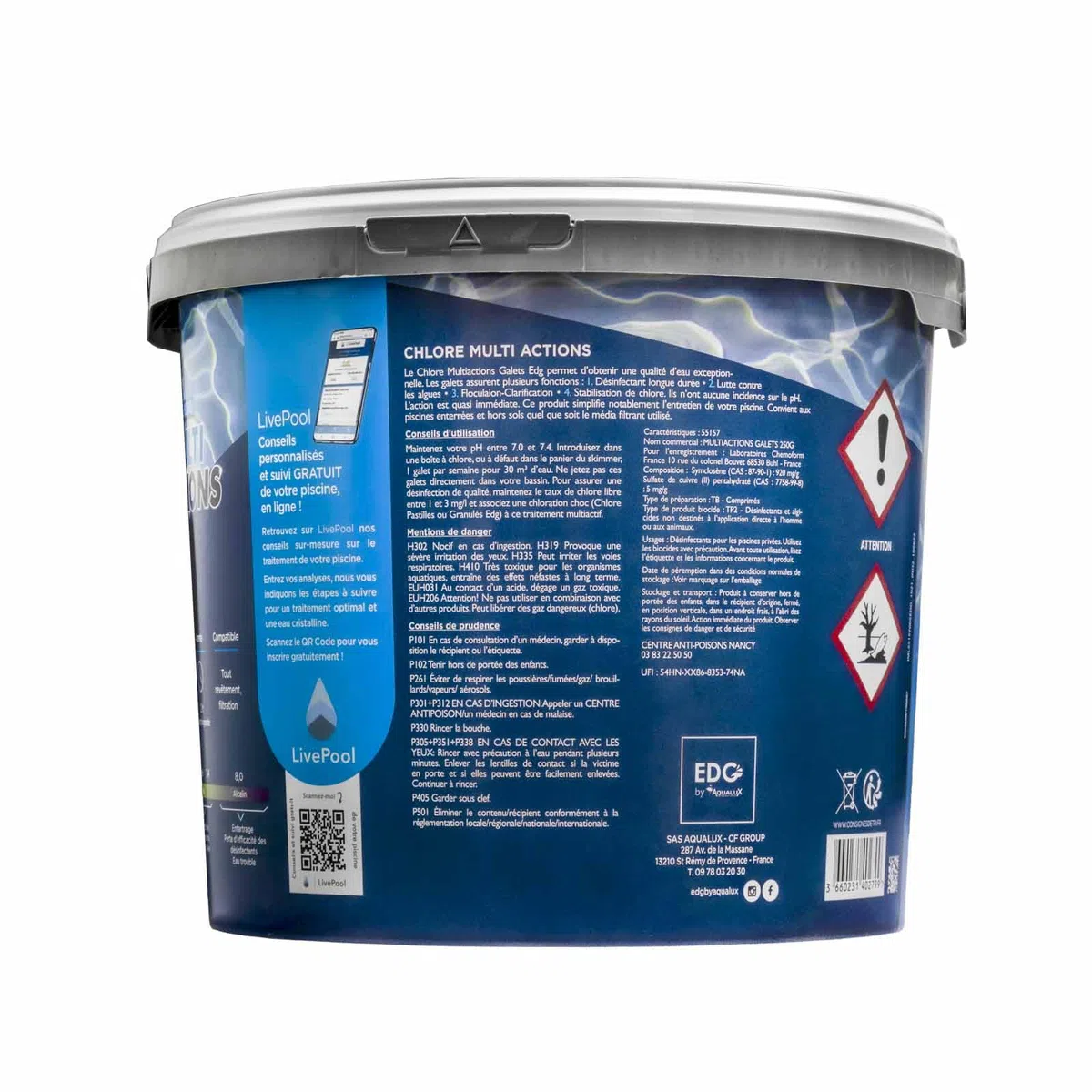 EDG by AQUALUX International - Chlore Multi Actions Piscine - Multi Fonctions Action Longue Durée - Galets 250g - Seau 5 kg