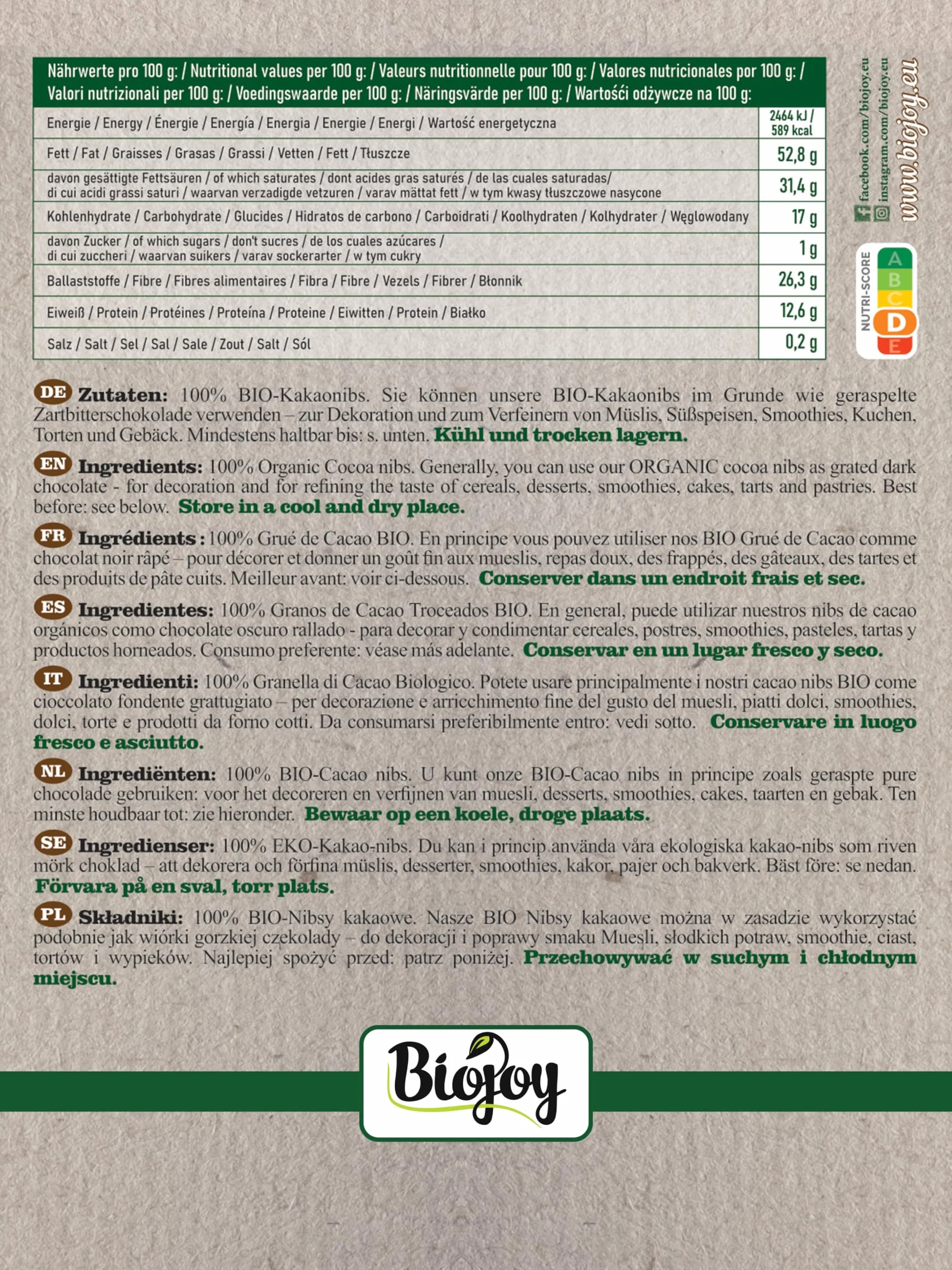 Biojoy Grué de Cacao BIO (1 kg), crus et sans sucre ajouté, Cacao nibs (Theobroma cacao)