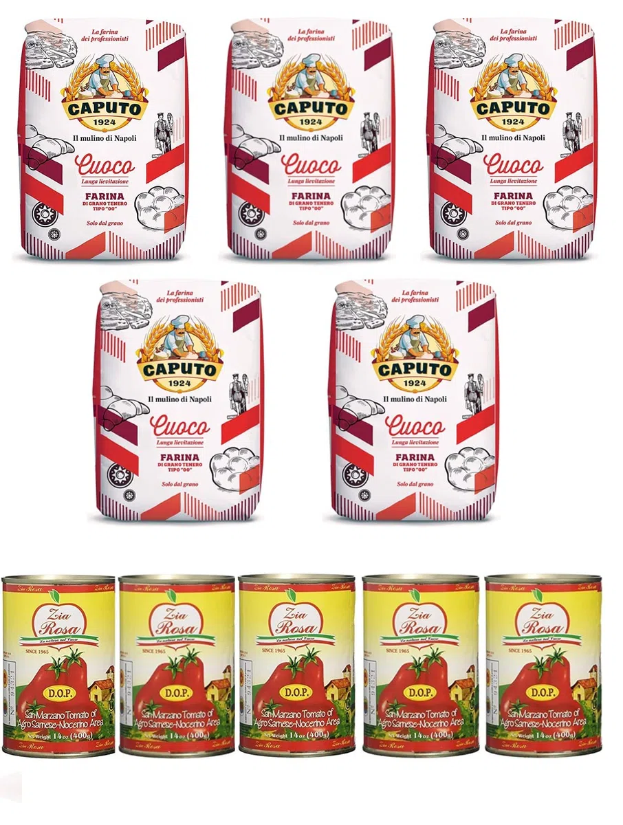 Lot de 5 paquets de farine à pizza Caputo Cuoco (5 x 1 kg) + 5 boîtes de 400 g de tomates Zia Rosa DOP Pomodoro San Marzano