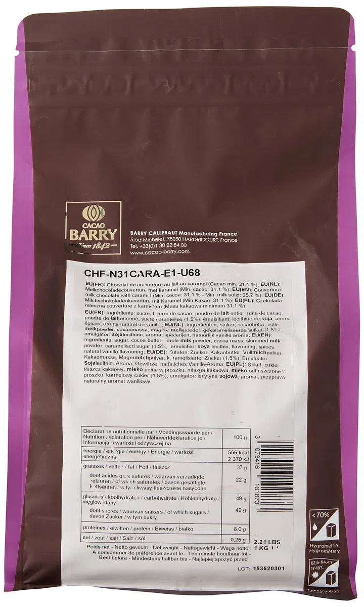 CACAO BARRY 31% Min Cacao Chocolat Lactée Caramel Pistoles 1 kg