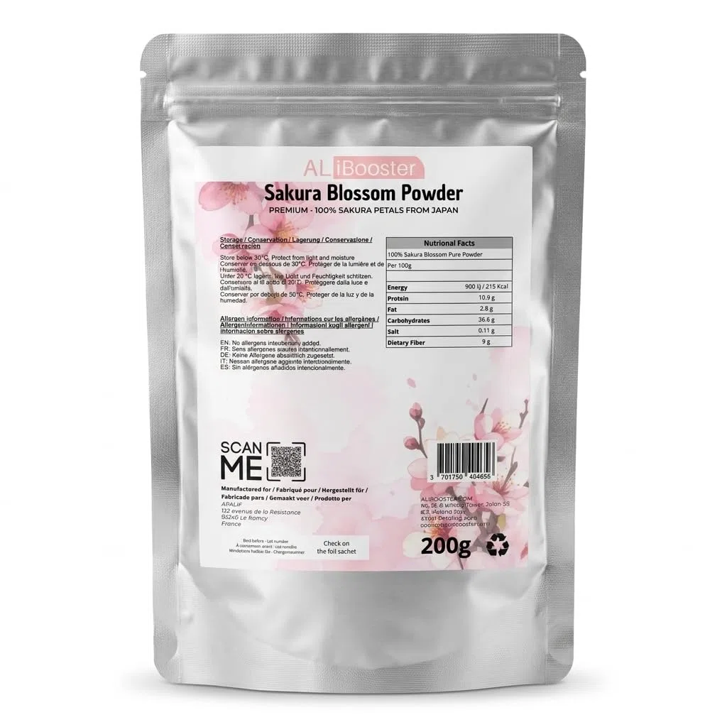 Poudre de Fleurs de Sakura Premium 200 g - Origine Japon - Sakura Blossom 100% Pure - Poudre de Pétales - Pâtisserie, Desserts, Boissons, Bubble Tea & Cuisine Japonaise