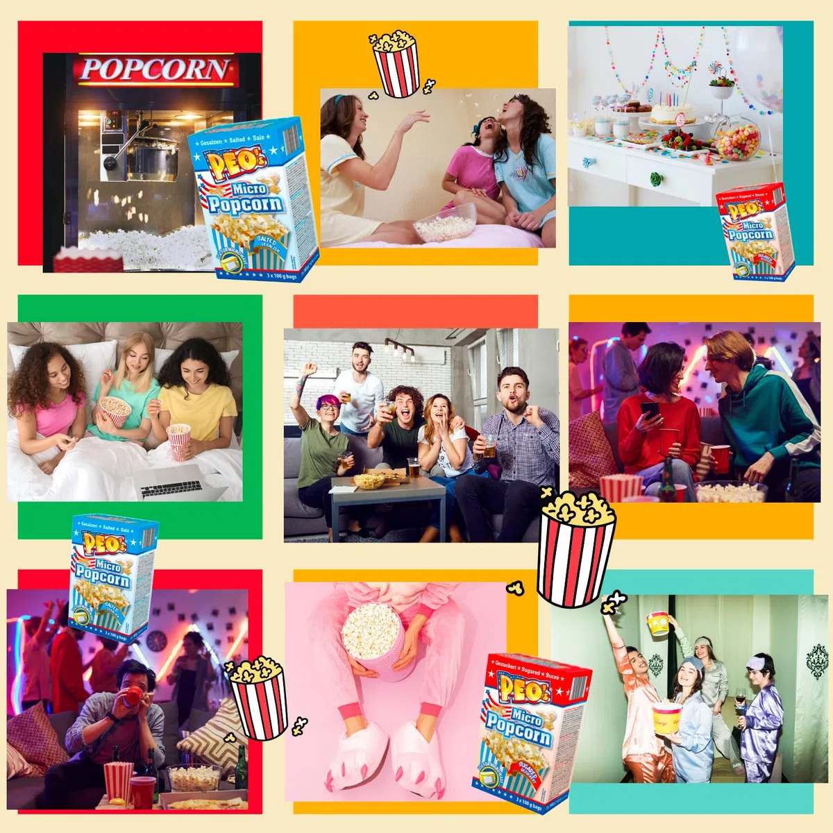 Peo's Lot de 72 boîtes de pop-corn au micro-ondes salé/salé - 24 boîtes de 100 g de contenu - Bonbons au maïs pop-corn pour le carnaval, les fêtes, les snacks au cinéma, etc