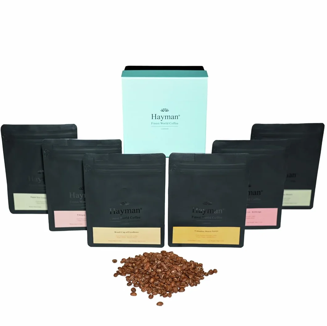 Hayman, Coffret Dégustation de Cafés de Spécialité, Cadeau de 6 Cafés Gourmet, Échantillon de Variétés, Assortiment Connaisseurs, En Grains, Torréfaction Moyenne, 6 Sacs de 60g Chacun (360g Total)