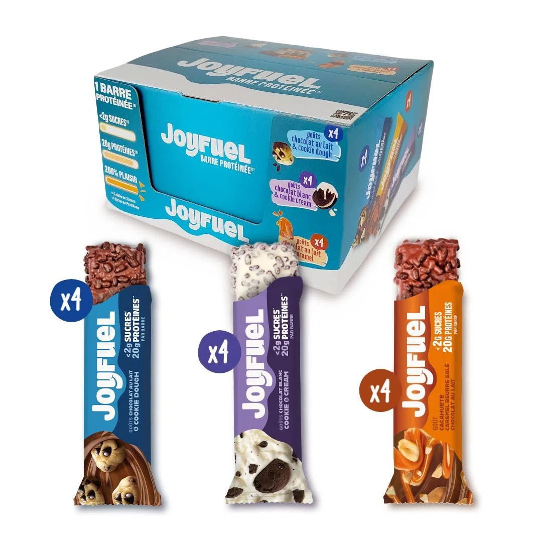 JOYFUEL Coffret panachée de 12 Barres Protéinées de 55gr -Goûts Chocolat au Lait & Cookie Dough- Chocolat Blanc & Cookie & Cream- Chocolat & Cacahuètes & Caramel - <2g de sucre - 20g de protéines -