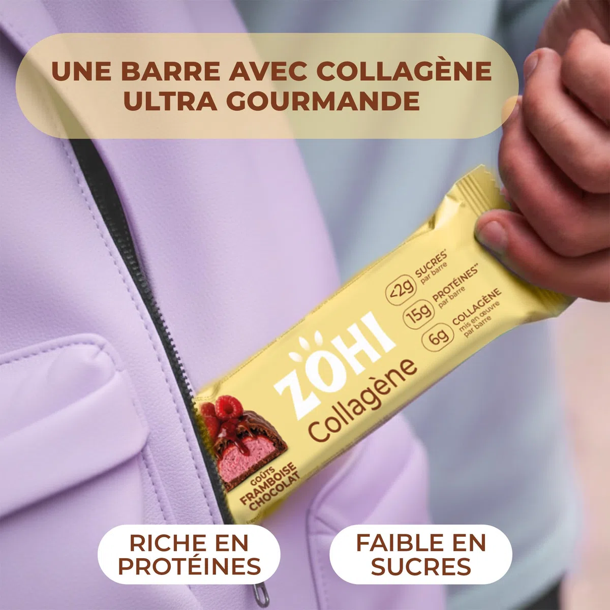 ZOHI - Barre avec Collagène saveur Chocolat et Framboise - Riche en Protéines et Moins de 2g de Sucres - Enrobée de Chocolat au Lait et Billettes Croustillantes - 50g (Pack de 12)
