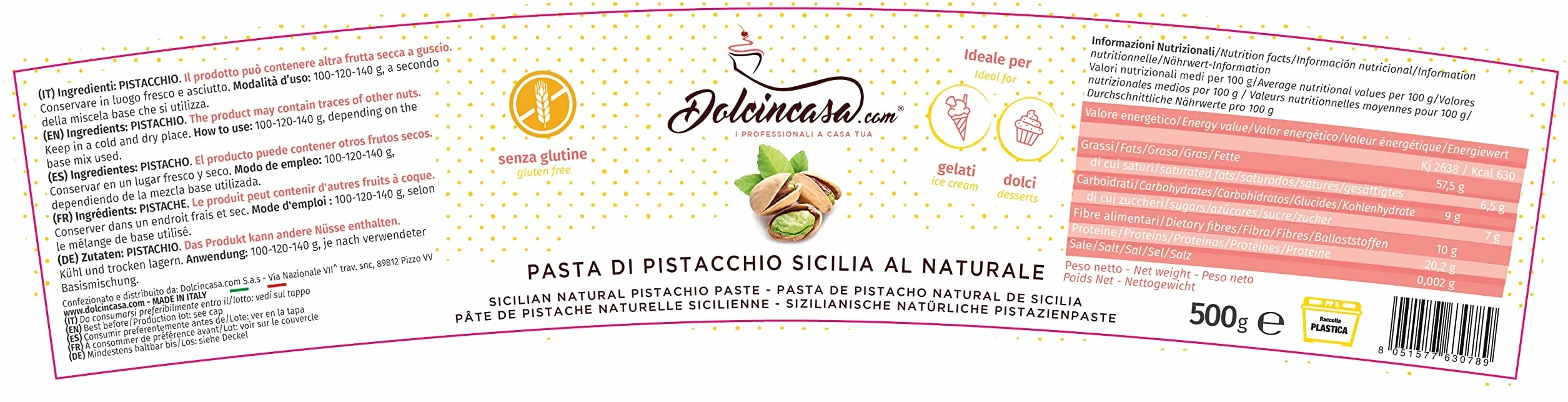 Dolcincasa-com Pâte de Pistache Sicile 100% Pure Naturelle Savoureuse Douce Polyvalente sans Colorant pour Glaces Pâtisseries Usage Domestique et Professionnel Sans Gluten Pack 500g