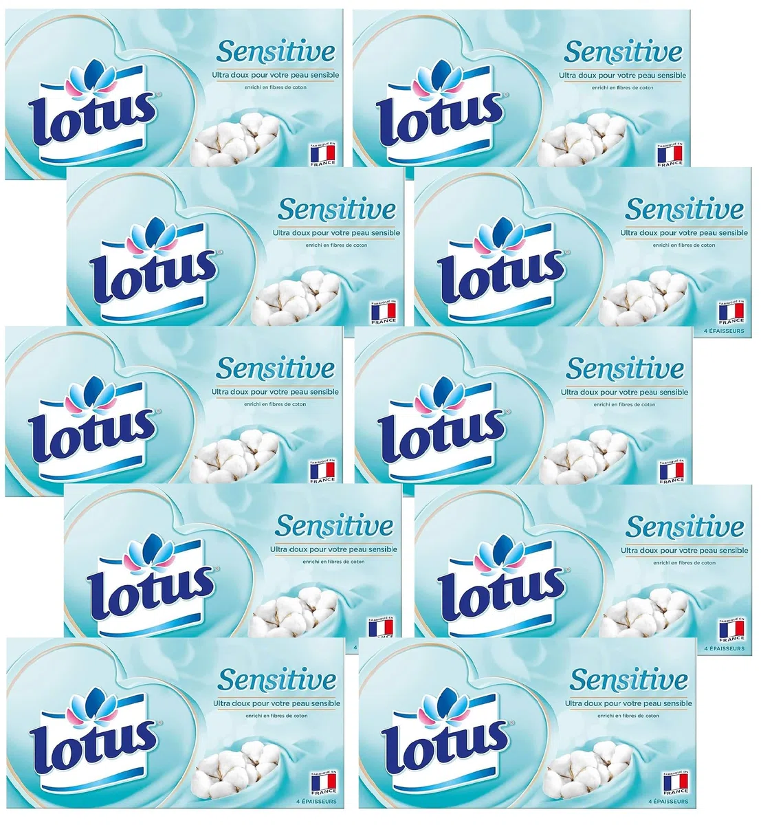Lotus Sensitive 800 Mouchoirs blanc en boîte (Lot de 10 Boîtes x 80 Mouchoirs) 4 épaisseurs pour plus de confort - Offre Spéciale