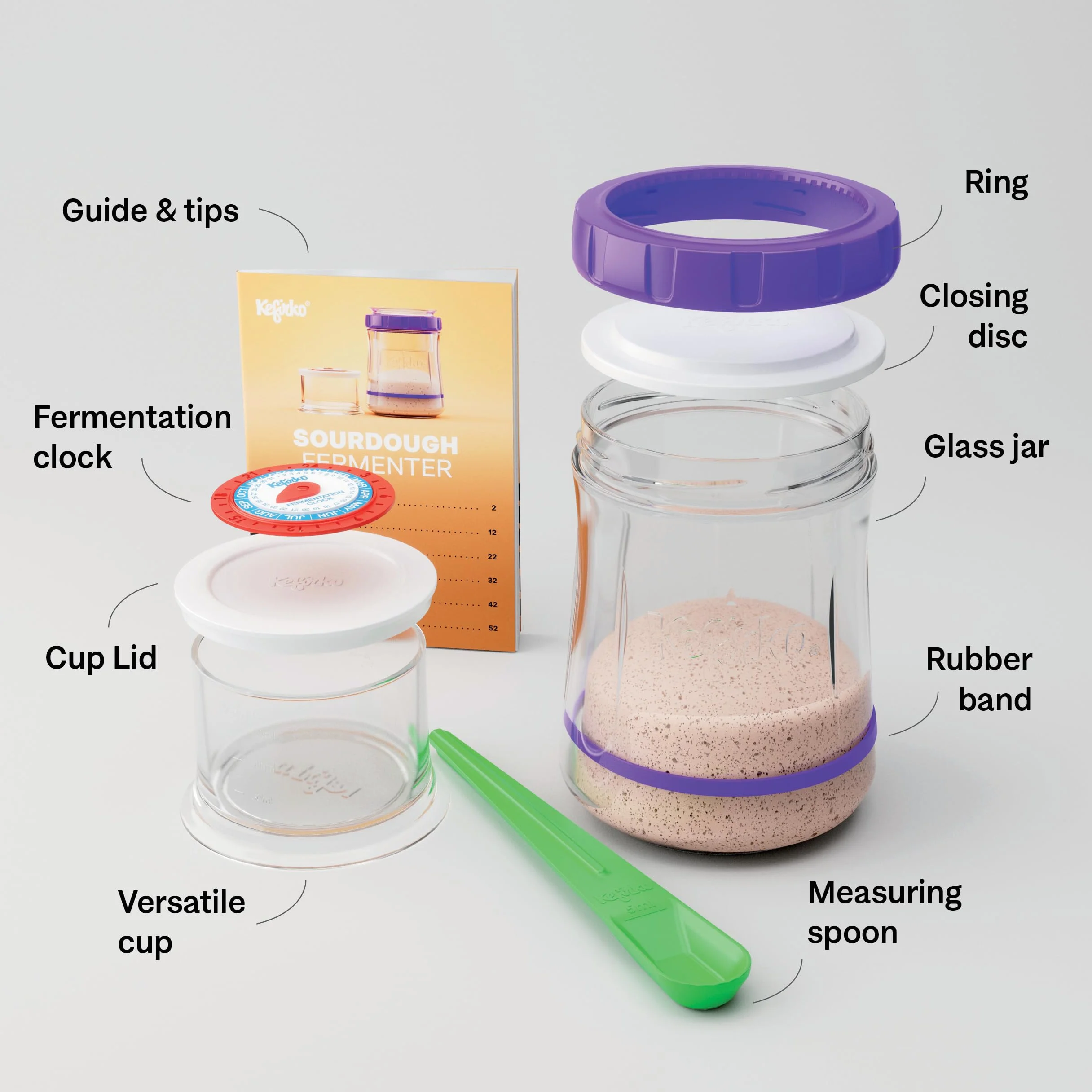 Kefirko Kit de démarrage au levain : fermenteur, bocal en verre, cuillère à mesurer, horloge de fermentation et livre d'instructions (Vert)