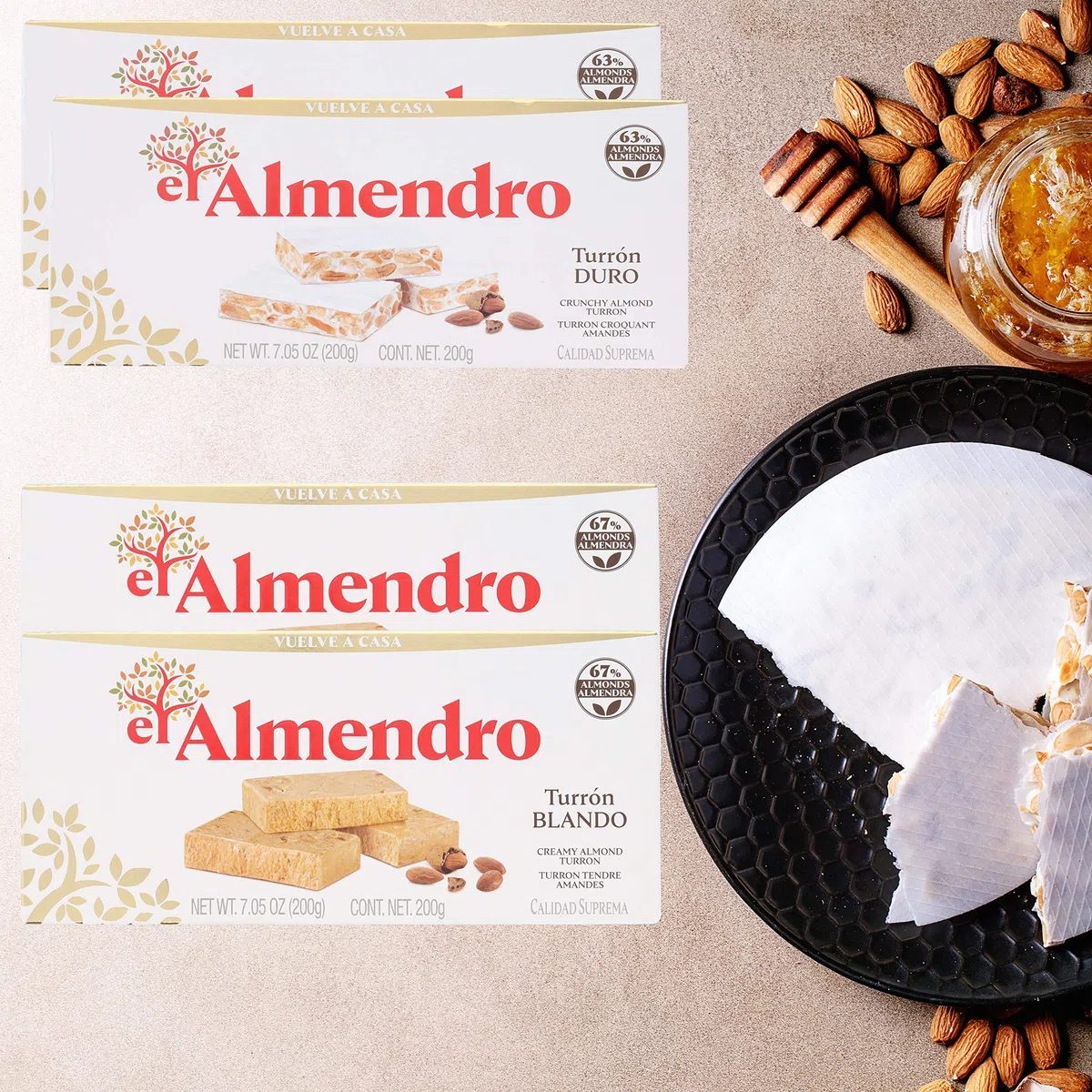 El Almendro – Lot de 4 paquets de 4 amandes croustillantes nougat et tourron doux – amande crémeuse turron turron Blando y Duro con Almendras Calidad Suprema avec pochette de rangement rapide premium