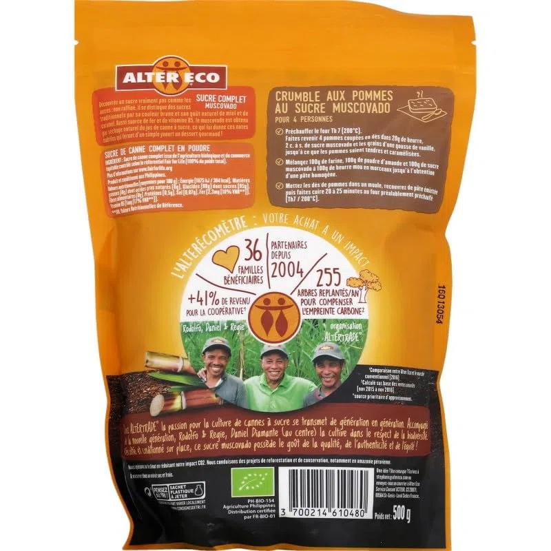 Alter Eco Sucre de Canne Complet Bio 500g - Poudre fine non raffinée pour une alimentation saine - Epicerie bio - Le Lot De 4
