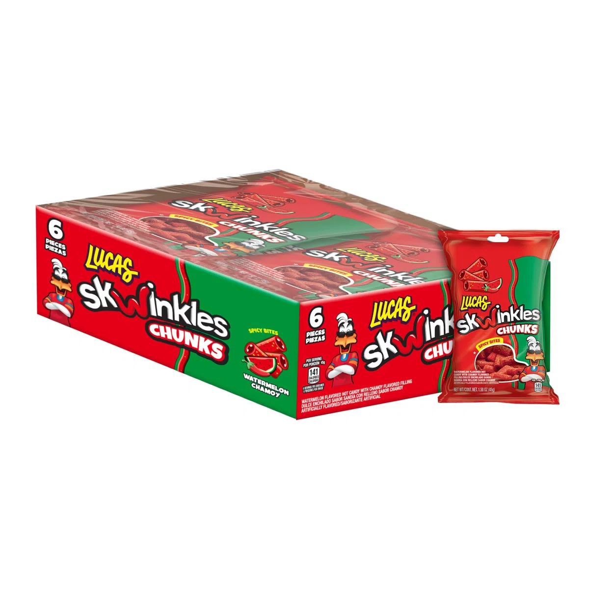 Lucas Skwinkles Candy Chunk Pastèque aromatisé avec garniture au tamarin 45,4 g, lot de 6
