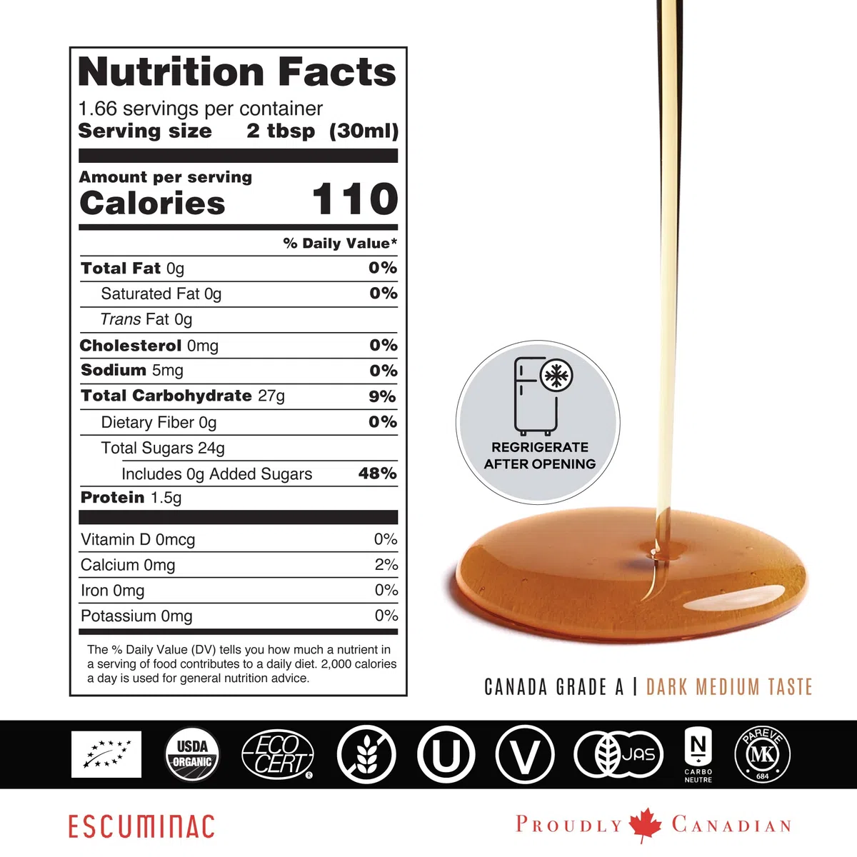 Escuminac sirop d'érable 12 x 50 ml. Grade A Foncé goût robuste, Grande Récole. Pure, embouteillé à la ferme, produit du Québec, Canada. Format cadeau, mariage, événement.
