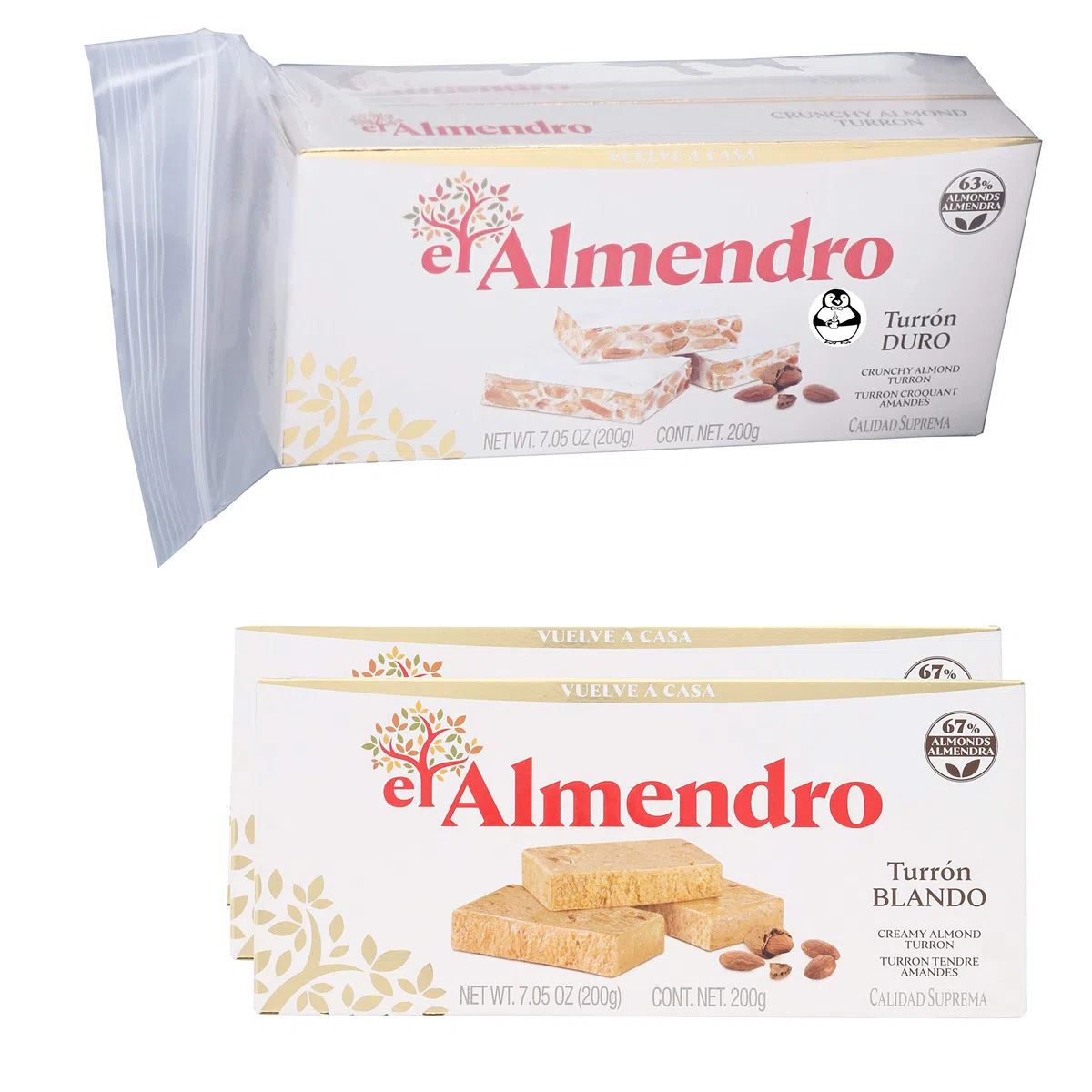 El Almendro – Lot de 4 paquets de 4 amandes croustillantes nougat et tourron doux – amande crémeuse turron turron Blando y Duro con Almendras Calidad Suprema avec pochette de rangement rapide premium